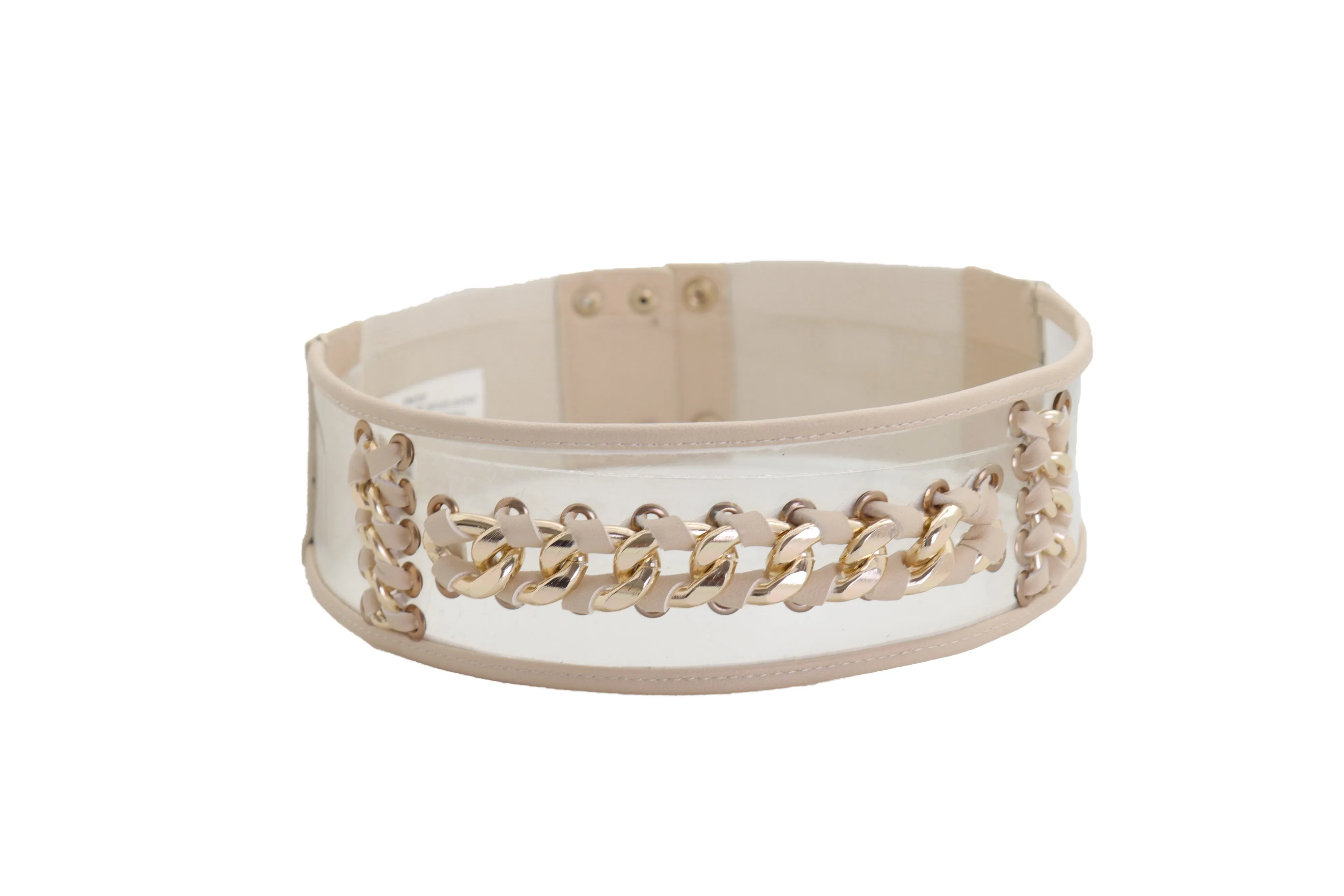 Wide Cream Elastic Fashion Belt High Waist Hip Gold Metal Chain Links S M