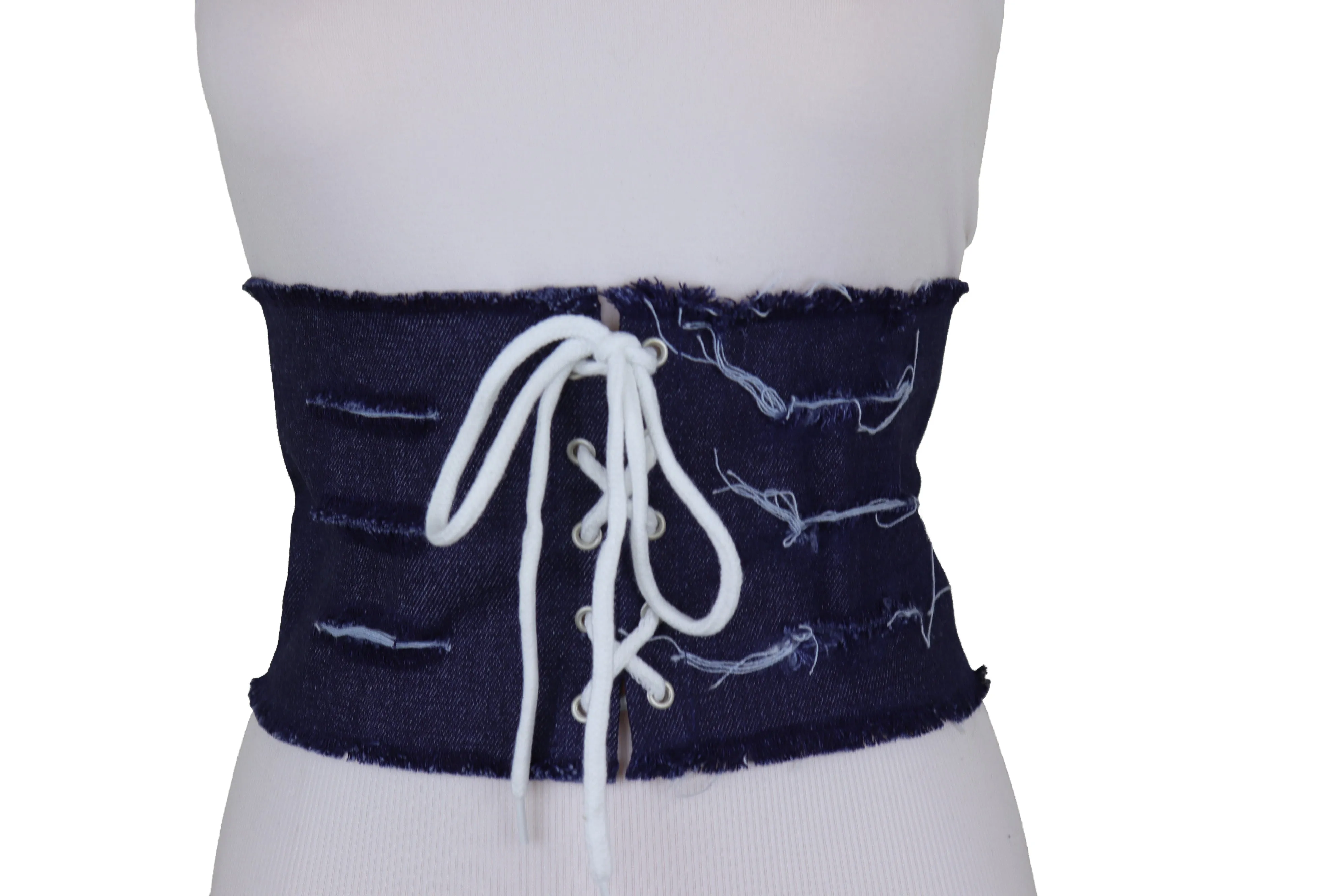 Wide Tie Corset Dark Blue Denim Jeans Fabric Fashion Belt S