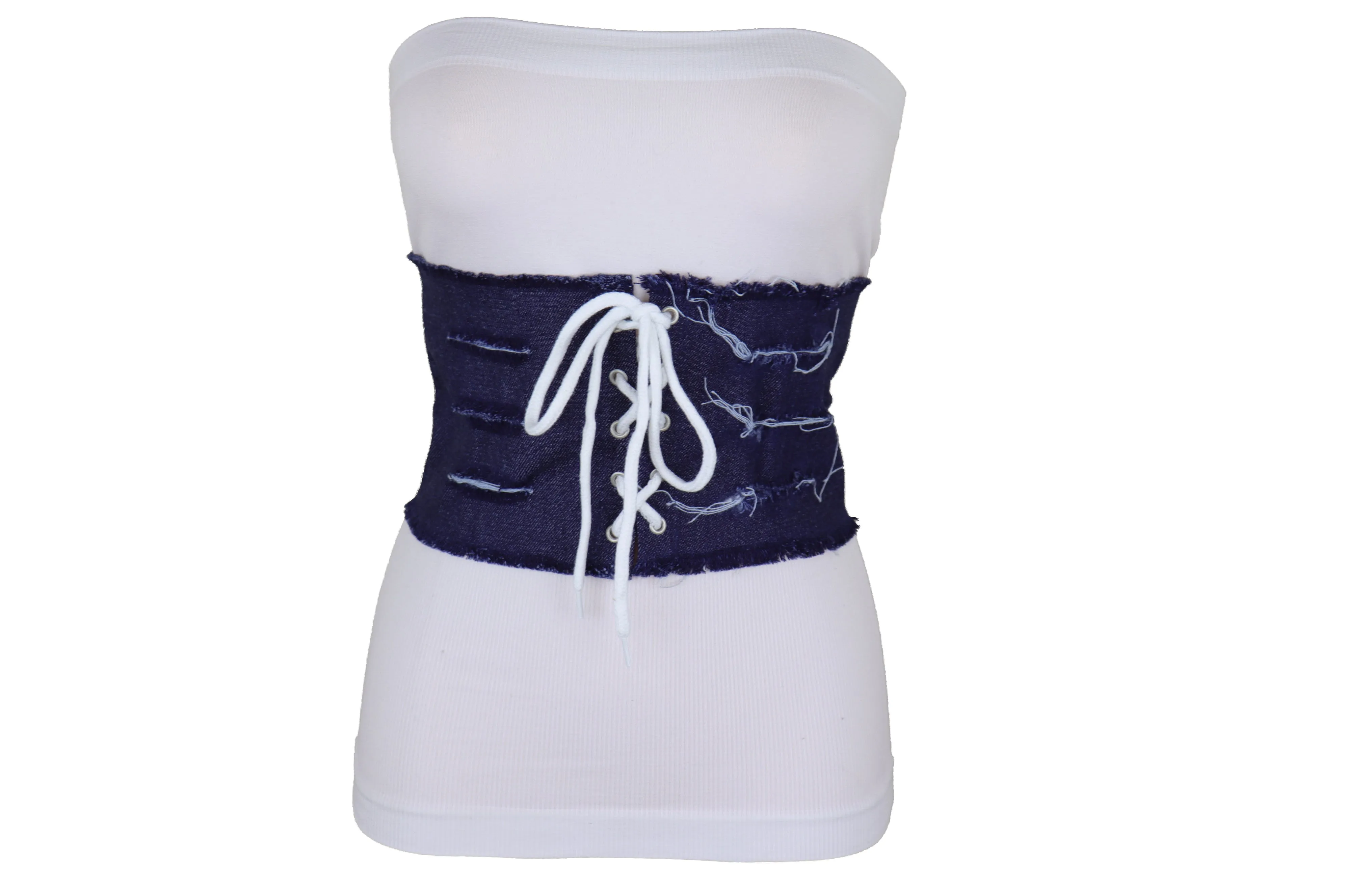 Wide Tie Corset Dark Blue Denim Jeans Fabric Fashion Belt S