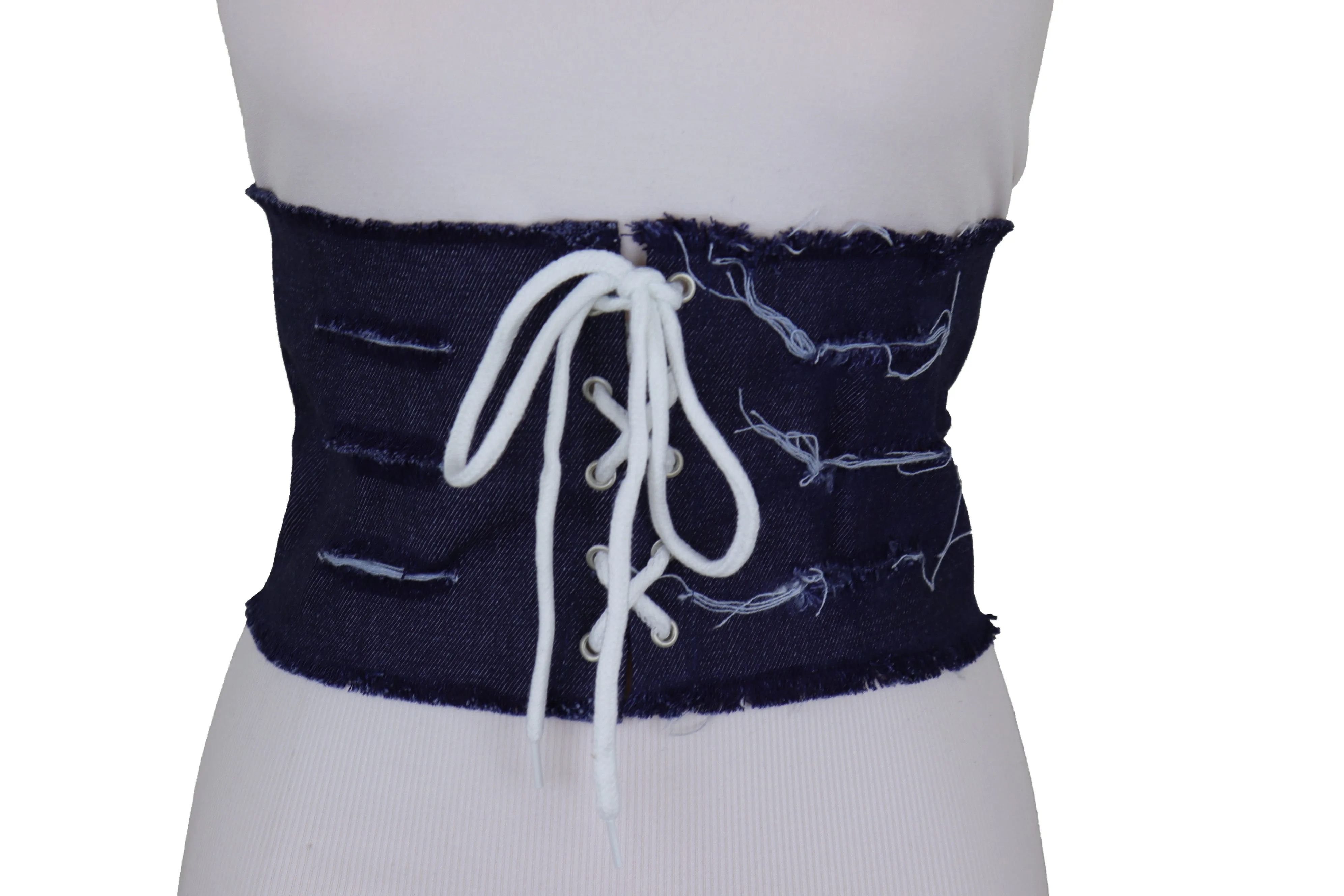 Wide Tie Corset Dark Blue Denim Jeans Fabric Fashion Belt S