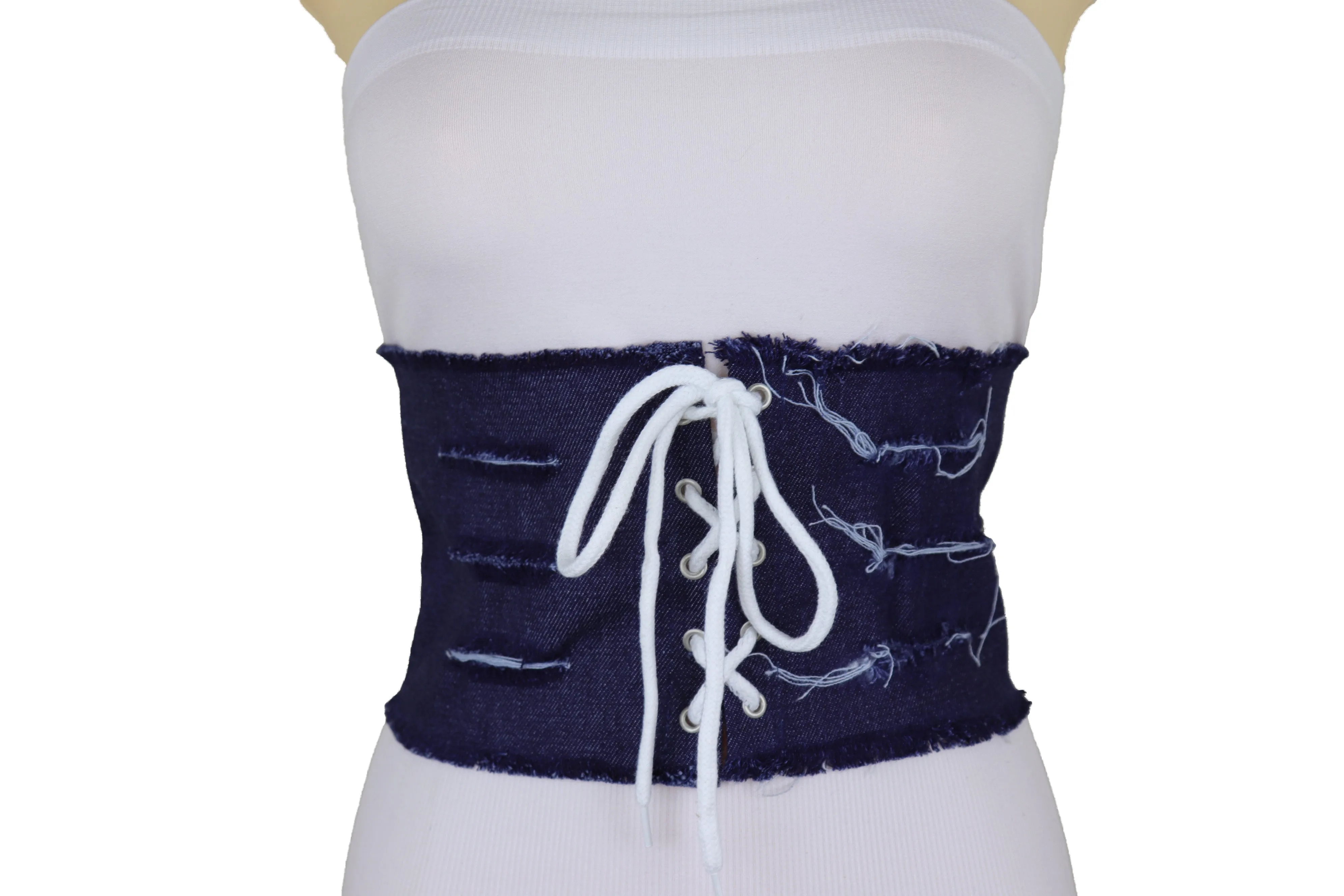 Wide Tie Corset Dark Blue Denim Jeans Fabric Fashion Belt S