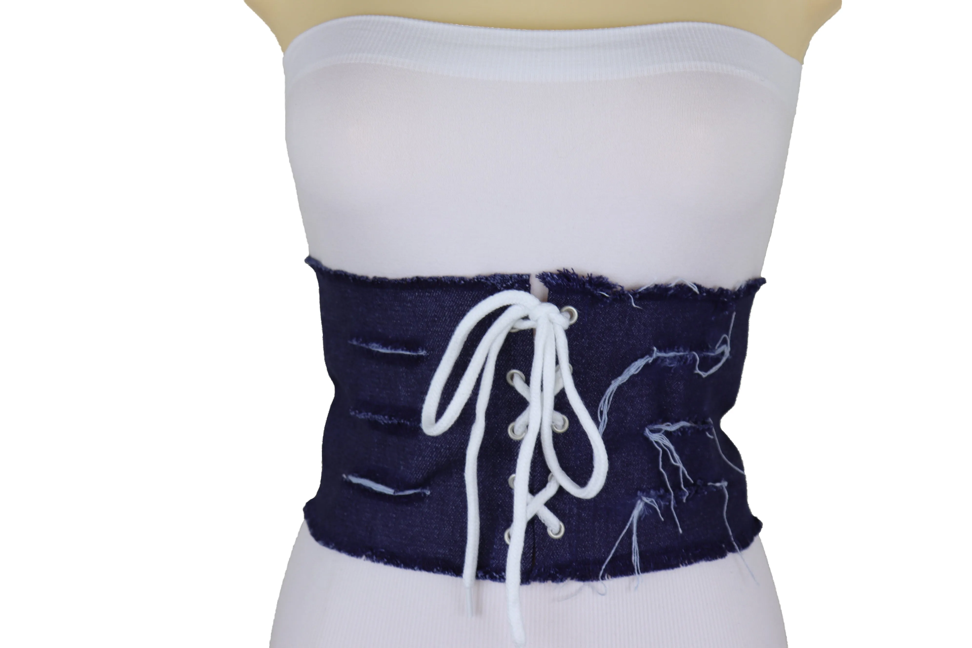 Wide Tie Corset Dark Blue Denim Jeans Fabric Fashion Belt S