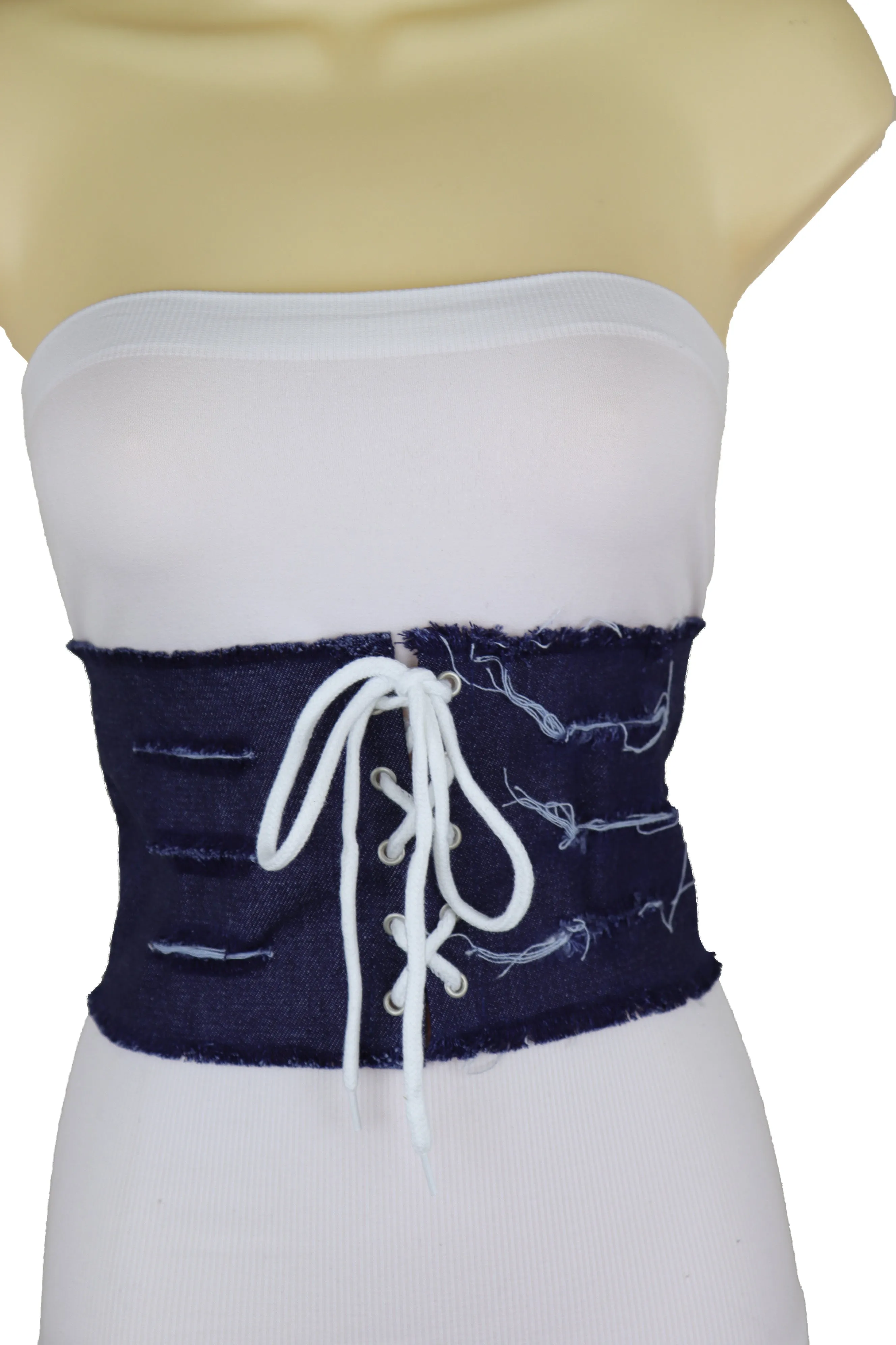 Wide Tie Corset Dark Blue Denim Jeans Fabric Fashion Belt S