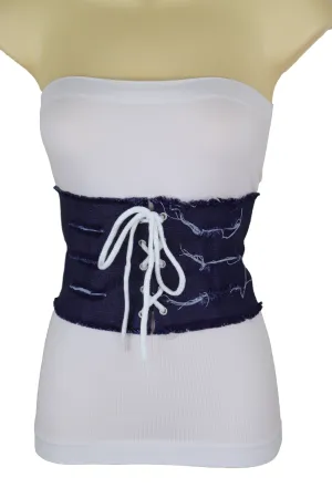 Wide Tie Corset Dark Blue Denim Jeans Fabric Fashion Belt S
