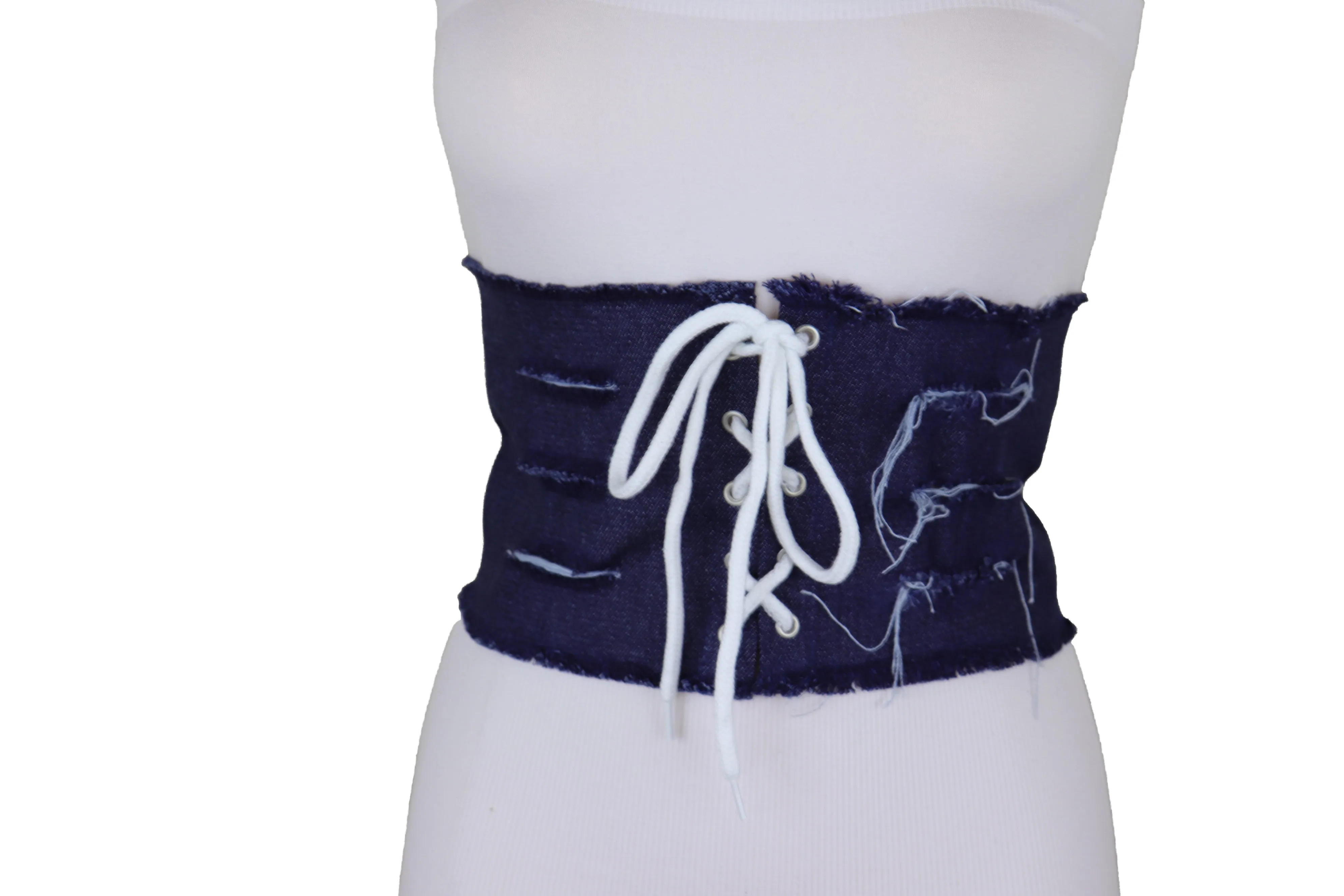 Wide Tie Corset Dark Blue Denim Jeans Fabric Fashion Belt S