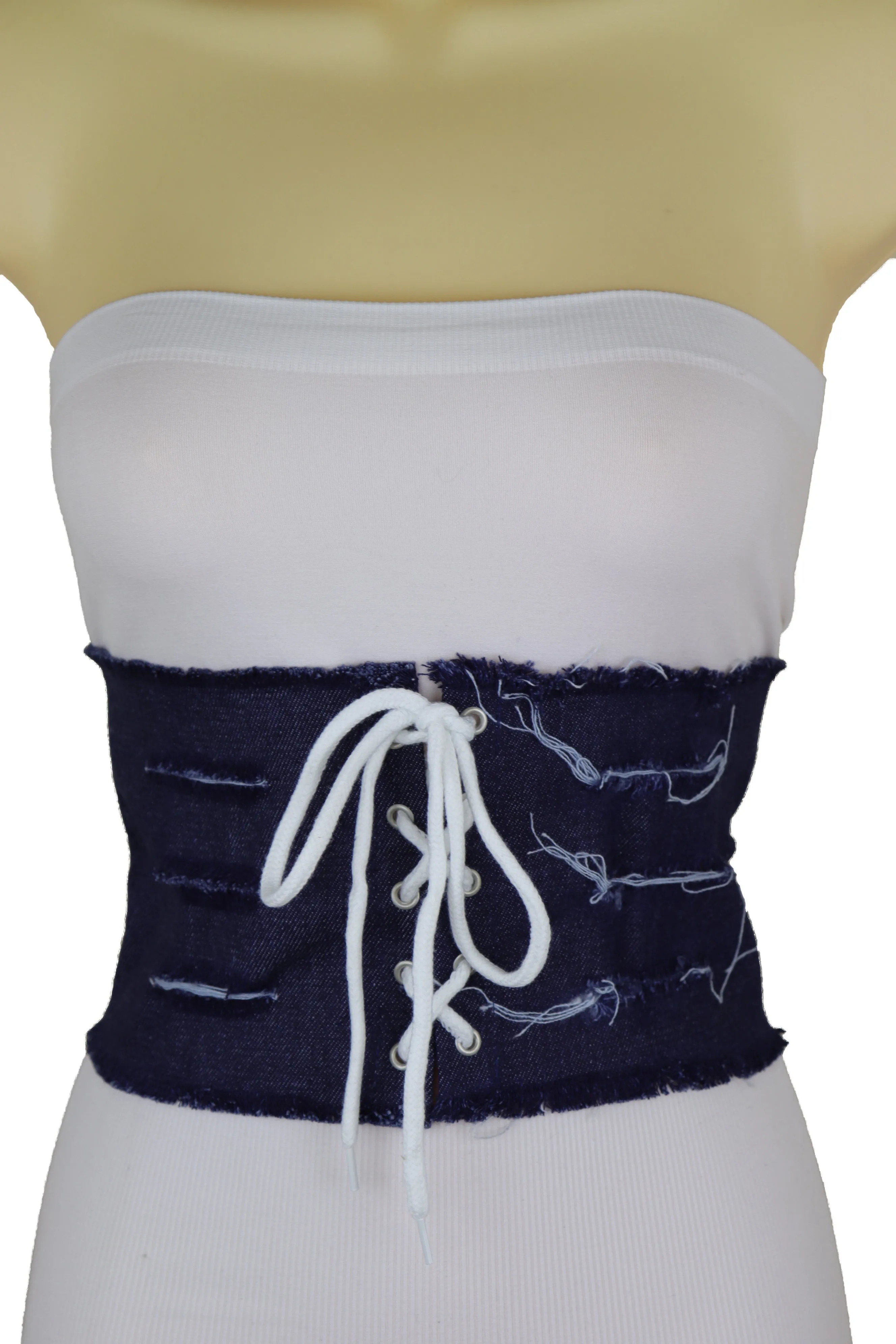 Wide Tie Corset Dark Blue Denim Jeans Fabric Fashion Belt S