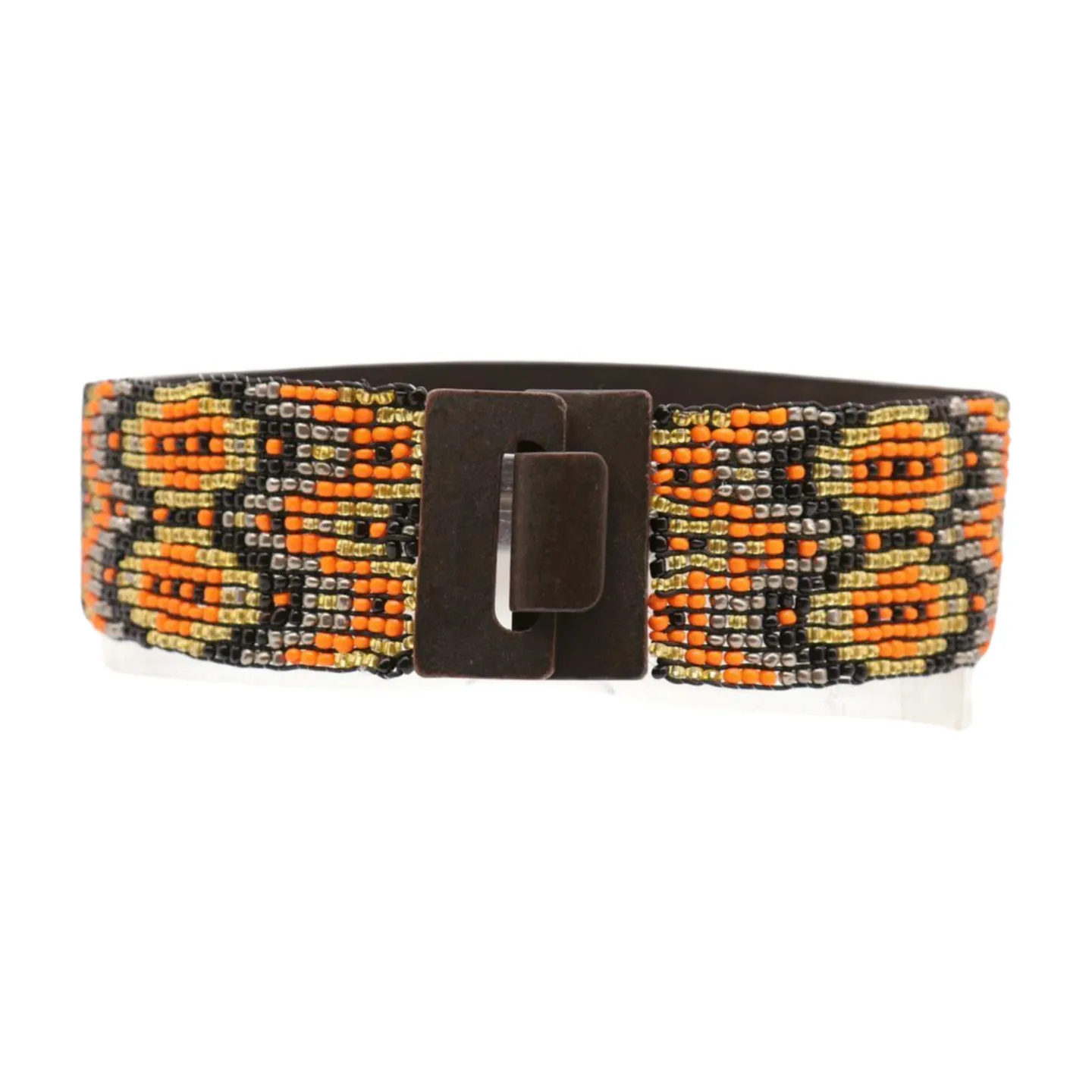 Women Brown Elastic Belt Orange Gold Beads Wood Buckle S M