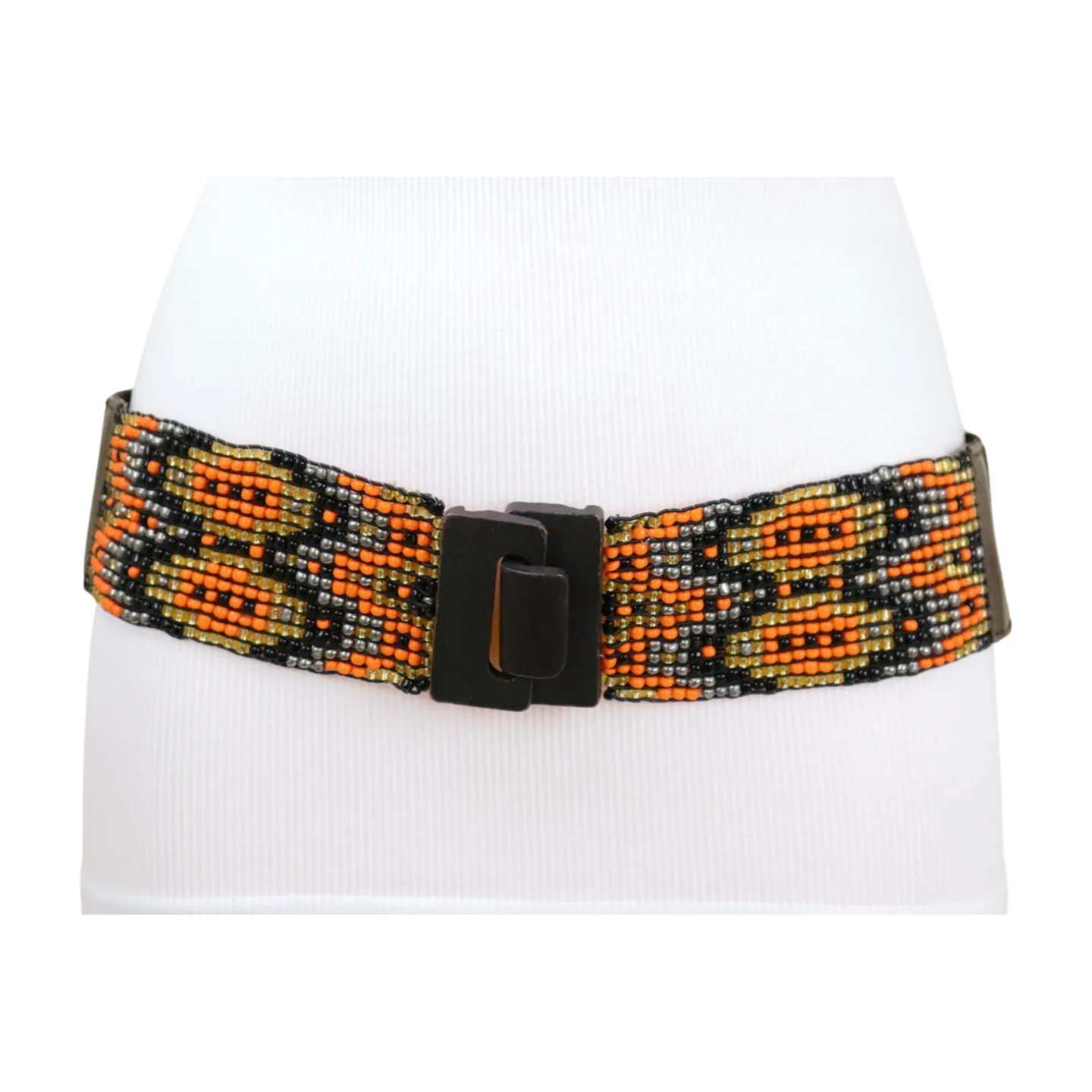 Women Brown Elastic Belt Orange Gold Beads Wood Buckle S M