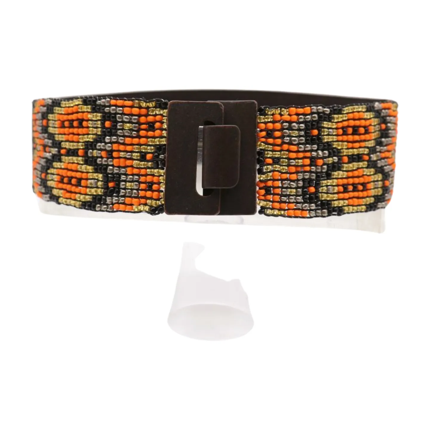 Women Brown Elastic Belt Orange Gold Beads Wood Buckle S M