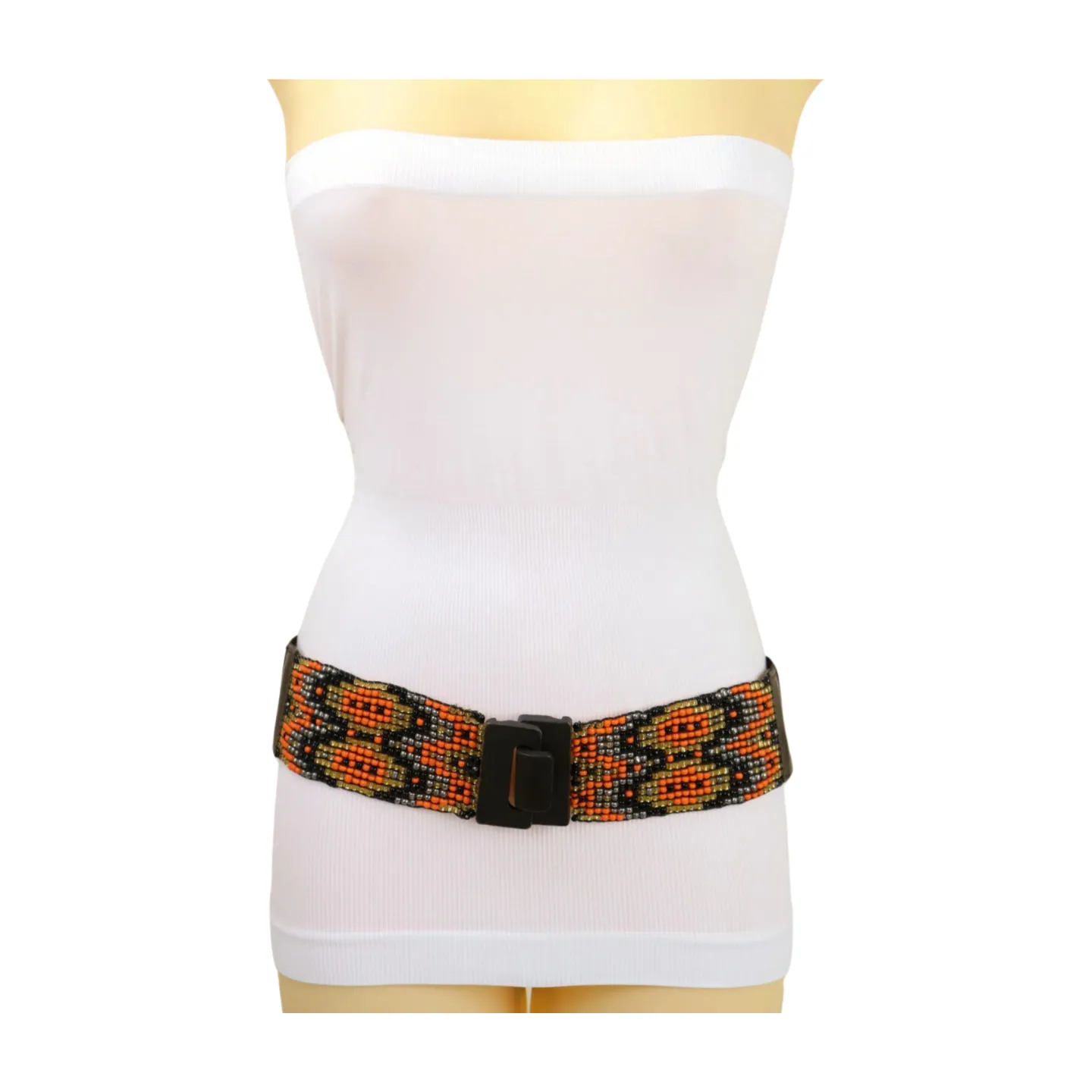 Women Brown Elastic Belt Orange Gold Beads Wood Buckle S M