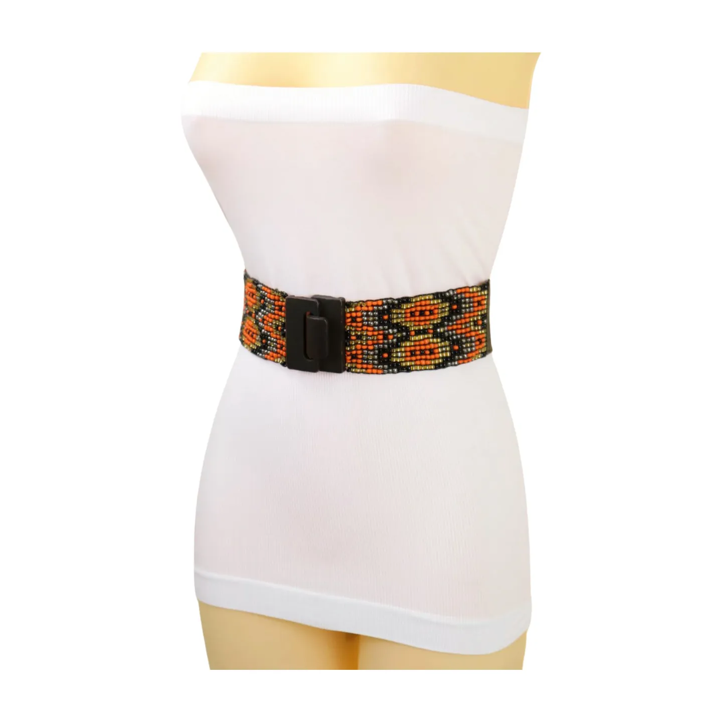 Women Brown Elastic Belt Orange Gold Beads Wood Buckle S M