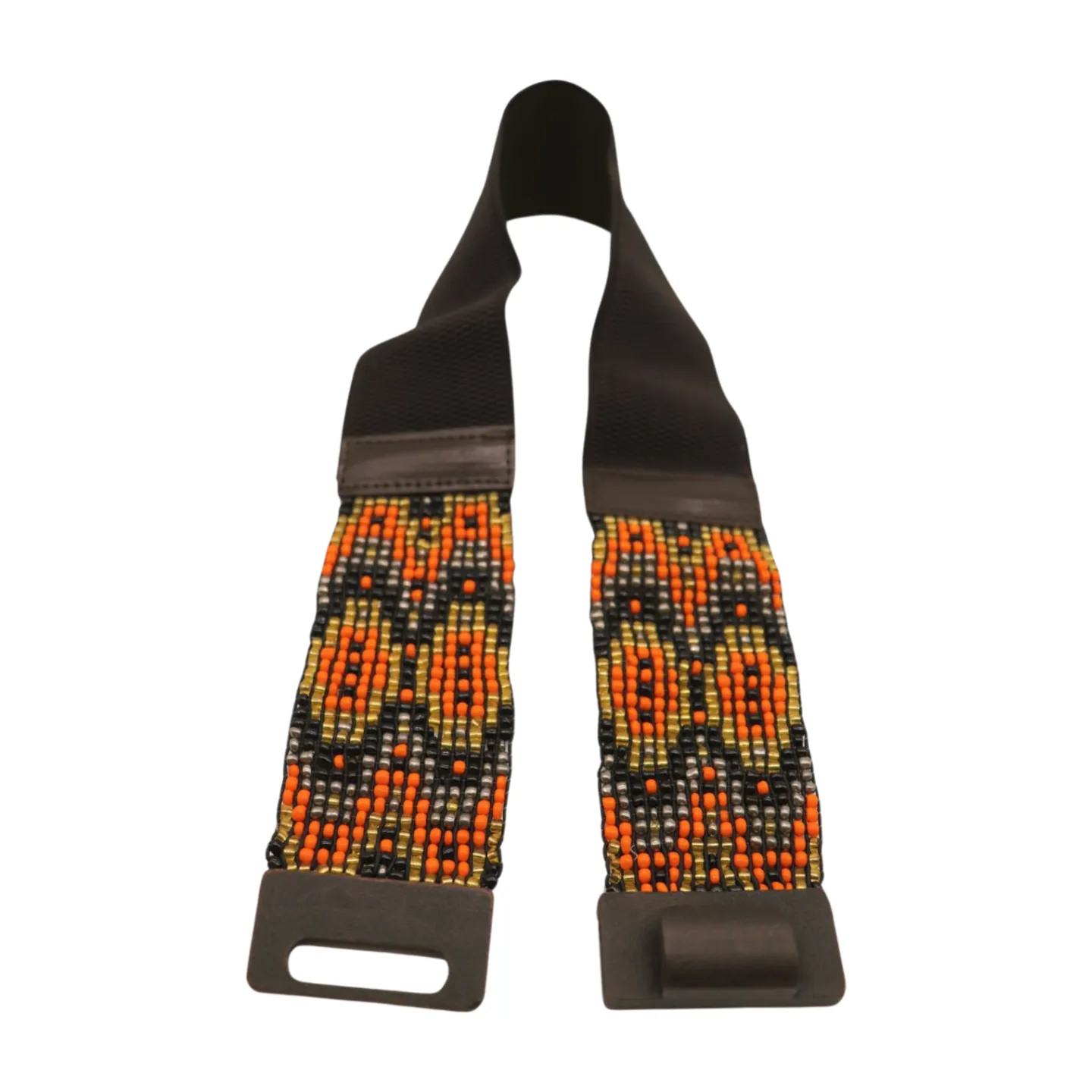 Women Brown Elastic Belt Orange Gold Beads Wood Buckle S M