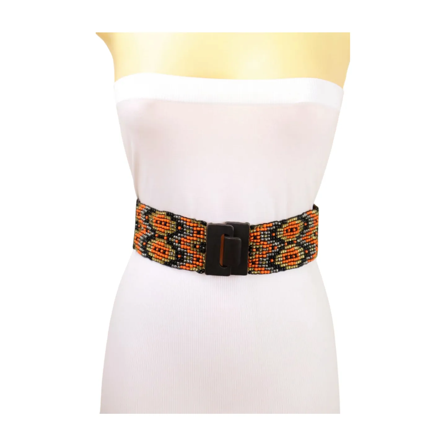 Women Brown Elastic Belt Orange Gold Beads Wood Buckle S M