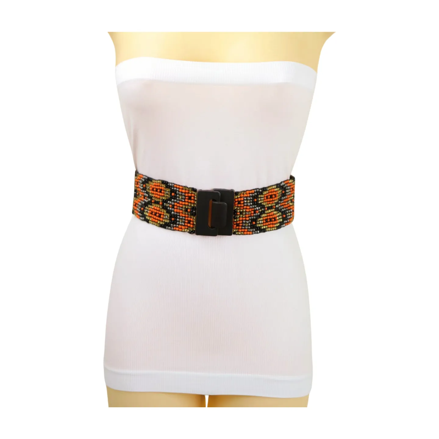 Women Brown Elastic Belt Orange Gold Beads Wood Buckle S M