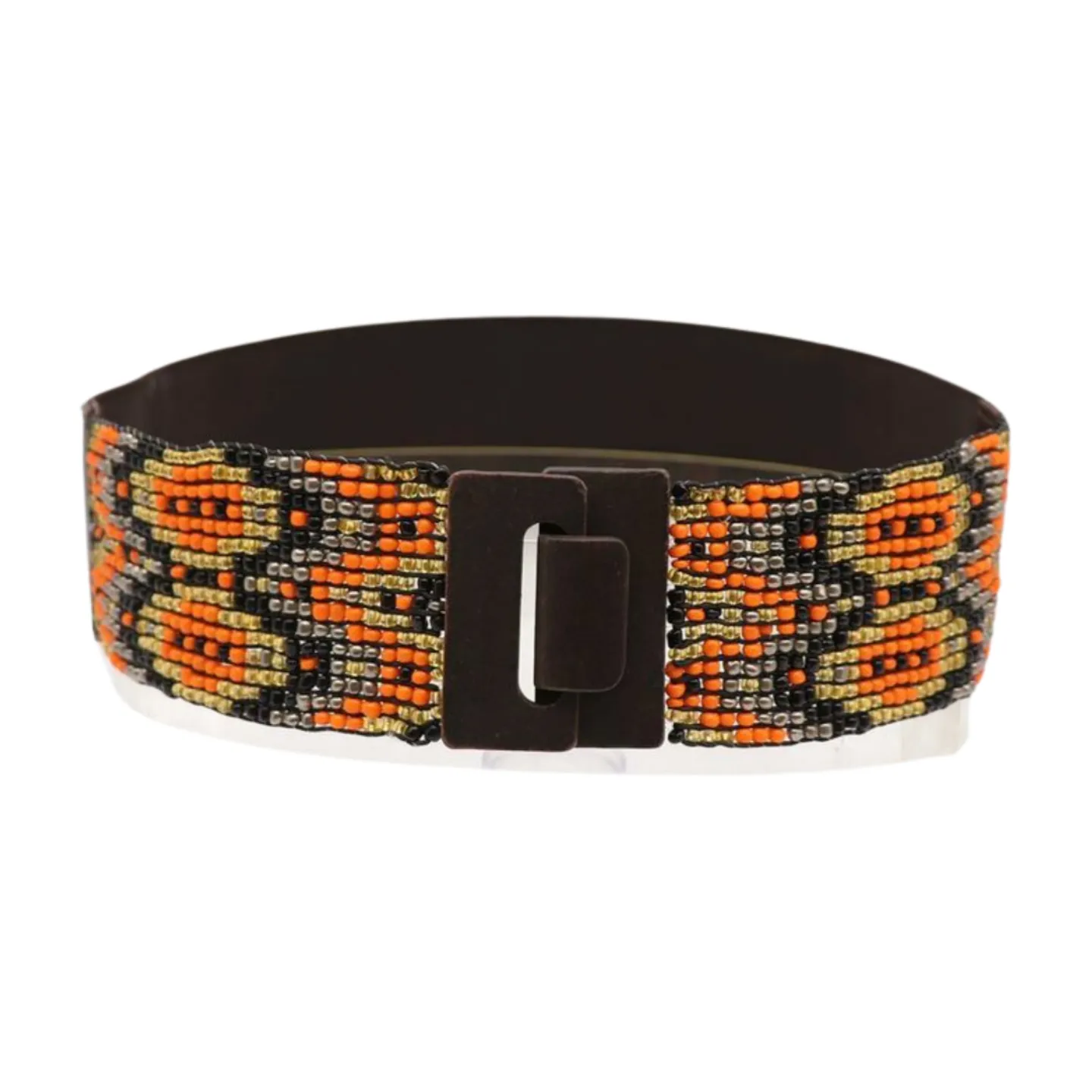 Women Brown Elastic Belt Orange Gold Beads Wood Buckle S M