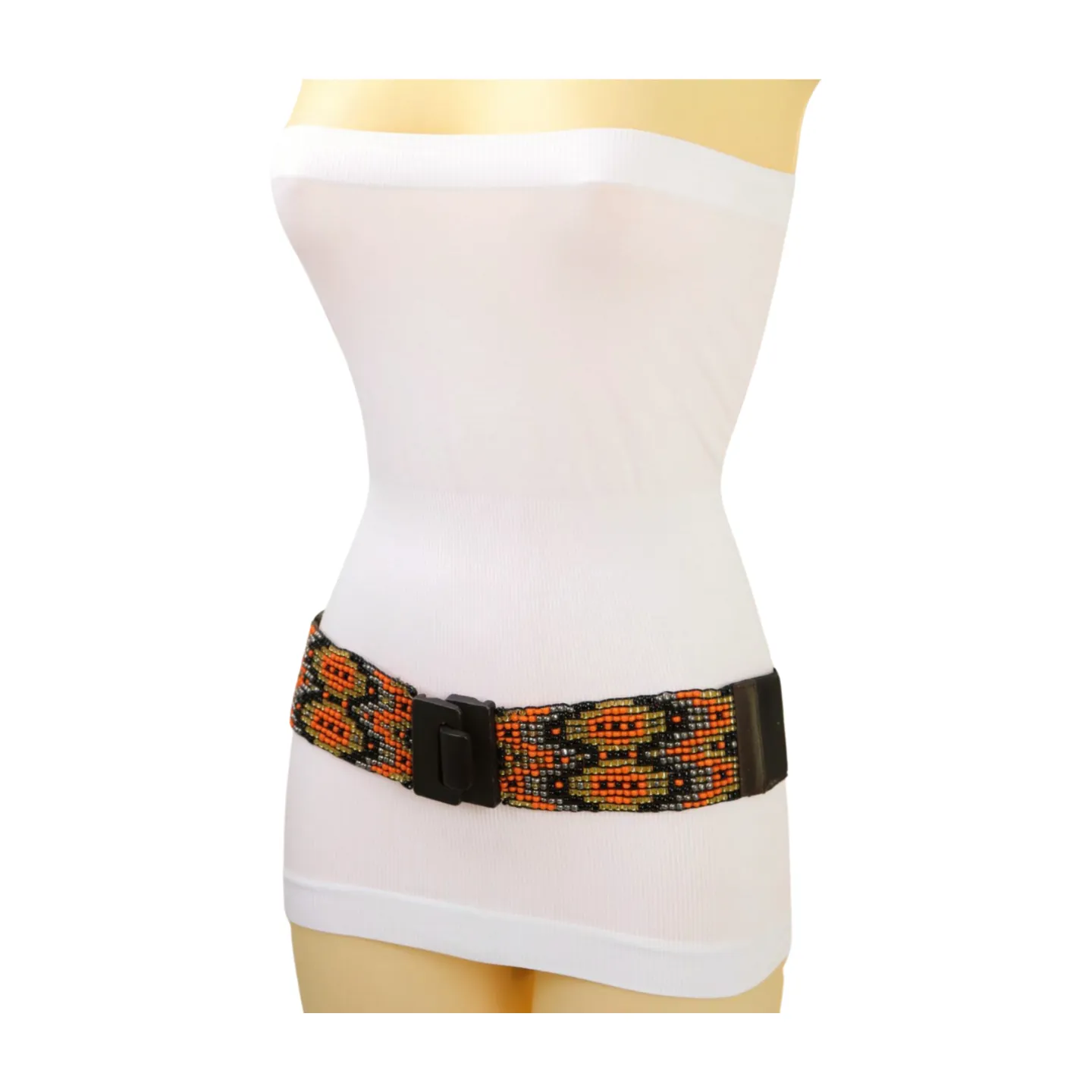 Women Brown Elastic Belt Orange Gold Beads Wood Buckle S M