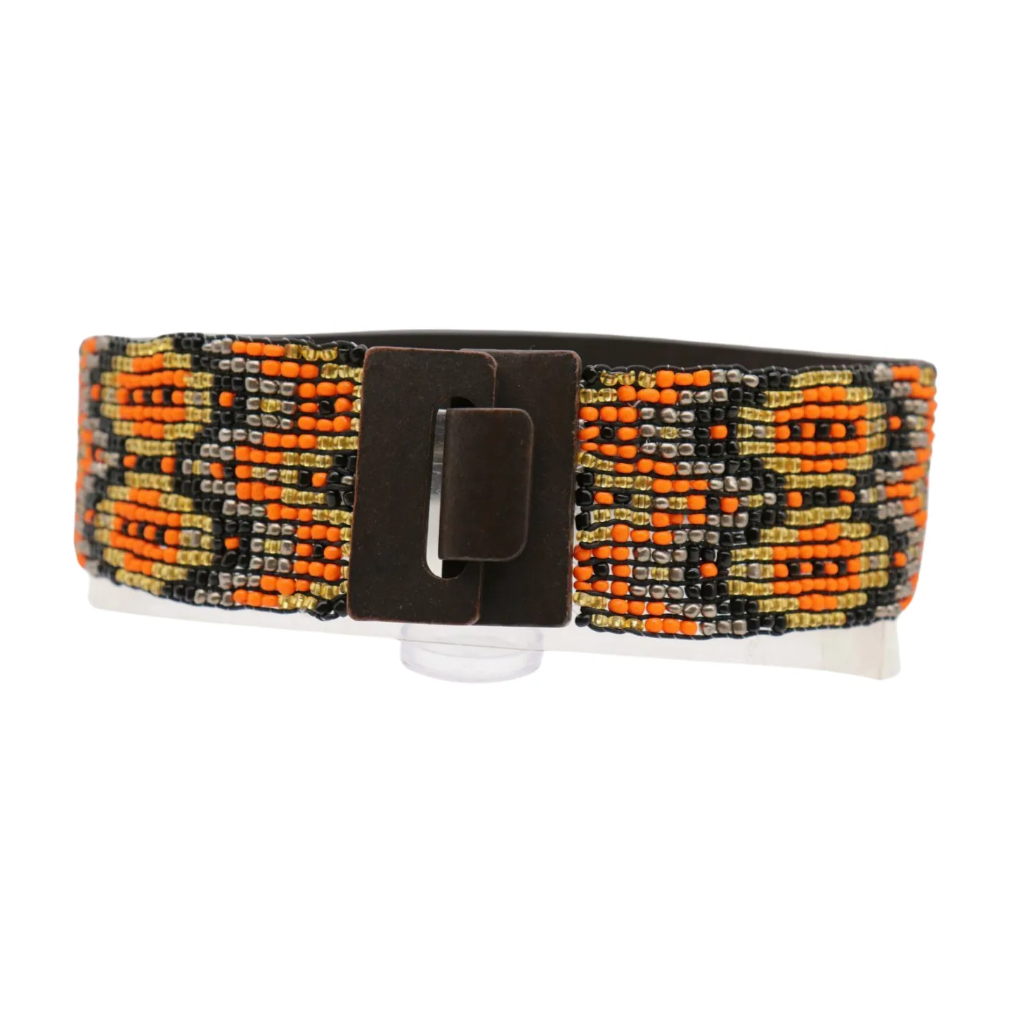 Women Brown Elastic Belt Orange Gold Beads Wood Buckle S M