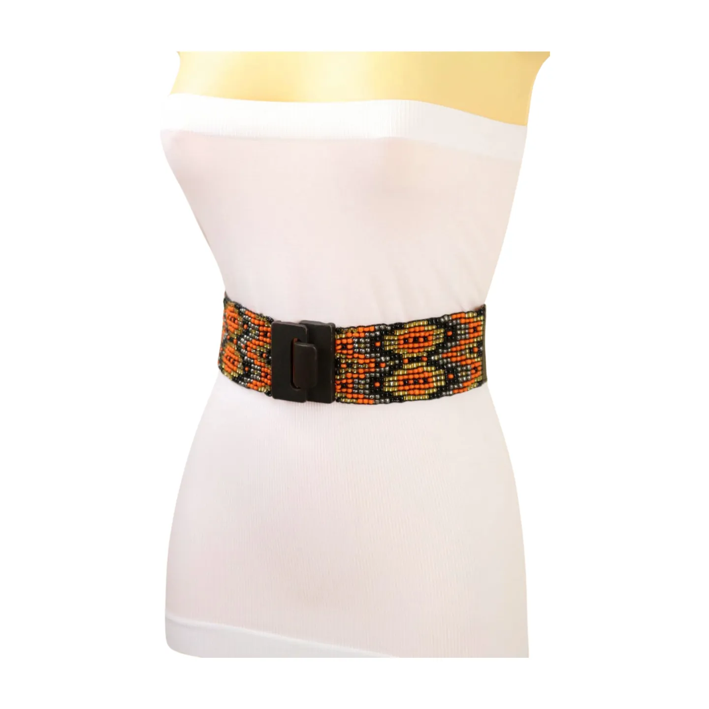 Women Brown Elastic Belt Orange Gold Beads Wood Buckle S M