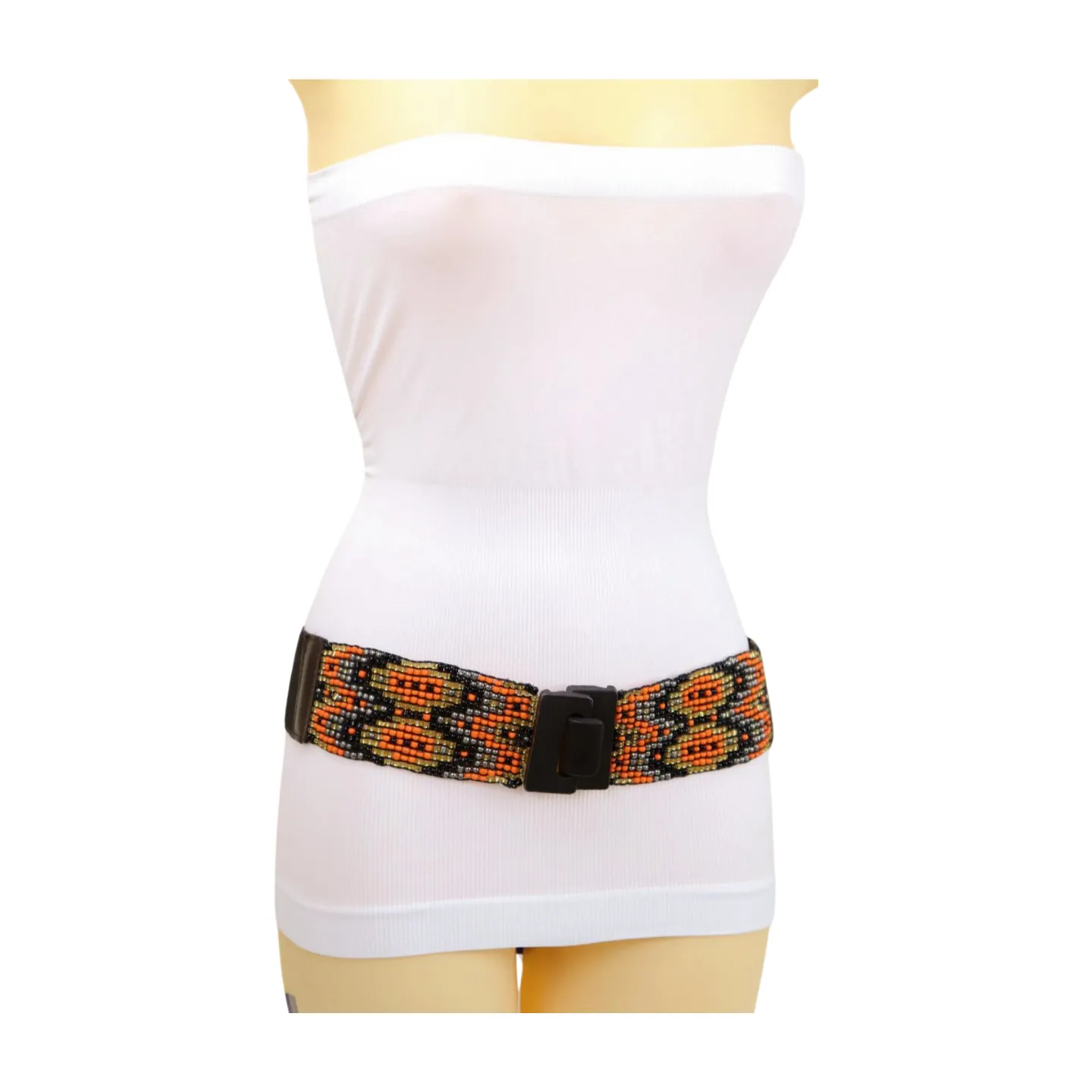 Women Brown Elastic Belt Orange Gold Beads Wood Buckle S M