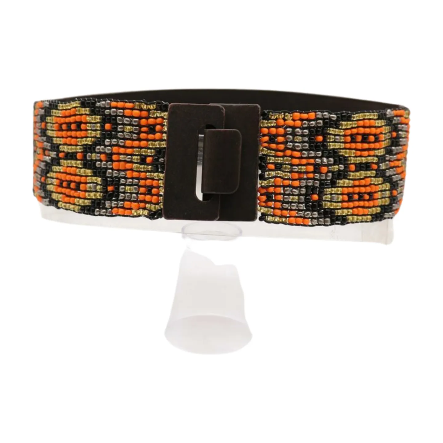 Women Brown Elastic Belt Orange Gold Beads Wood Buckle S M