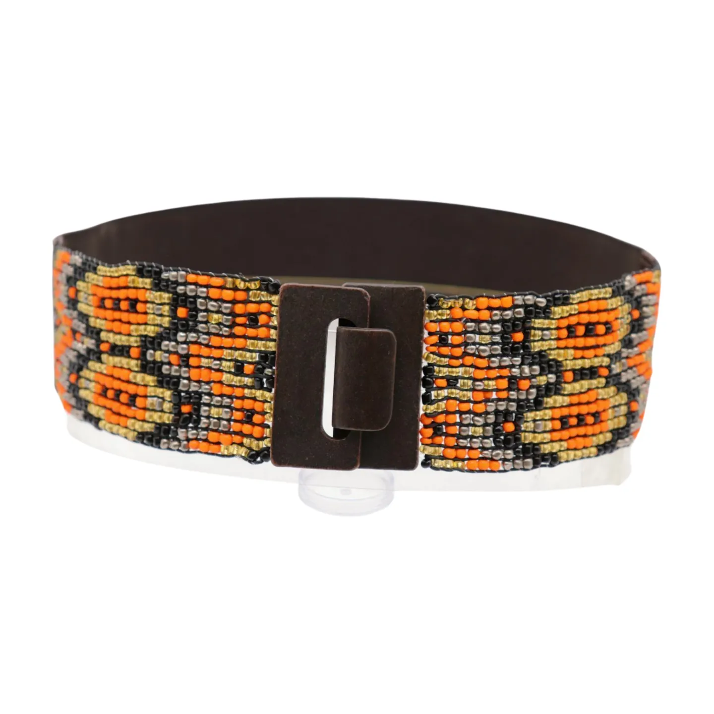 Women Brown Elastic Belt Orange Gold Beads Wood Buckle S M