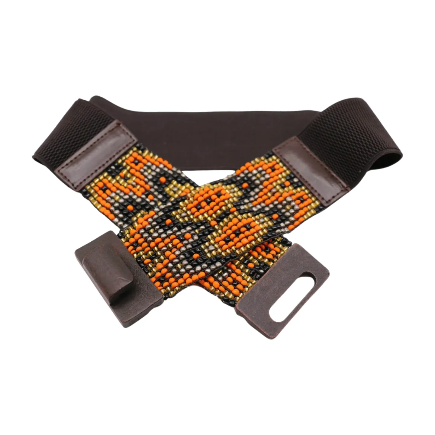 Women Brown Elastic Belt Orange Gold Beads Wood Buckle S M