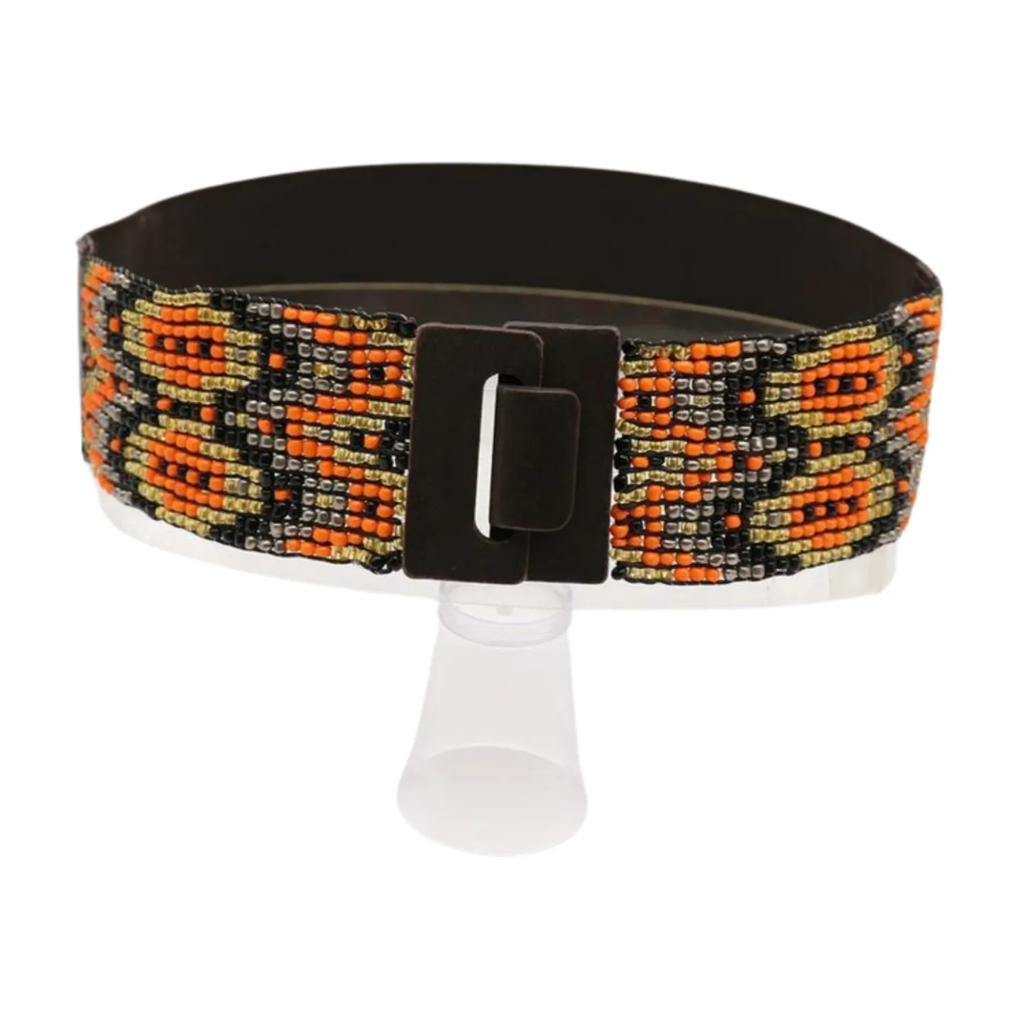 Women Brown Elastic Belt Orange Gold Beads Wood Buckle S M