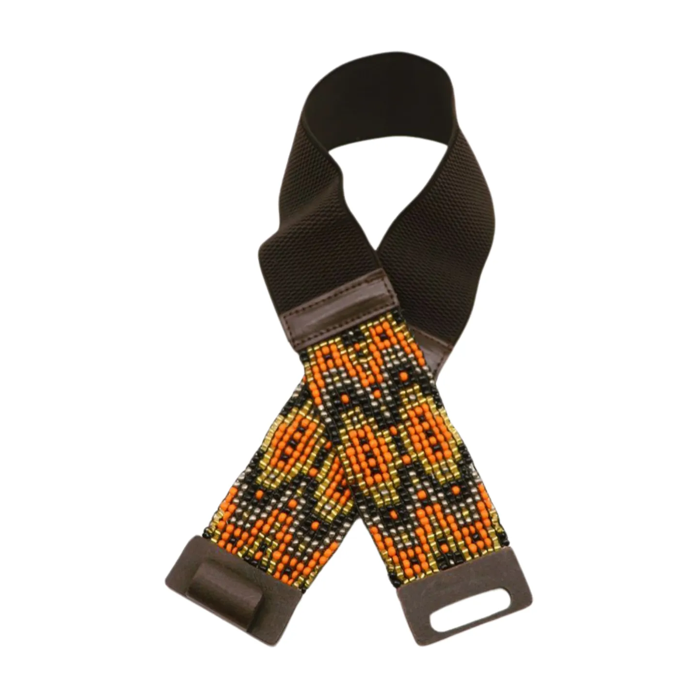 Women Brown Elastic Belt Orange Gold Beads Wood Buckle S M
