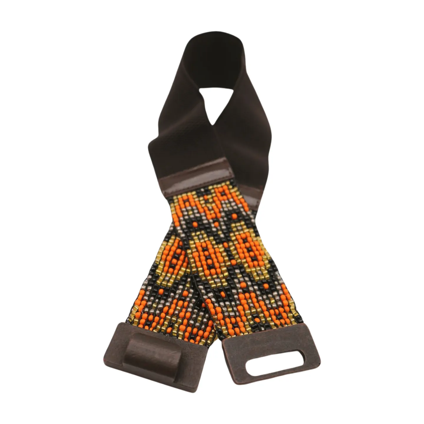 Women Brown Elastic Belt Orange Gold Beads Wood Buckle S M