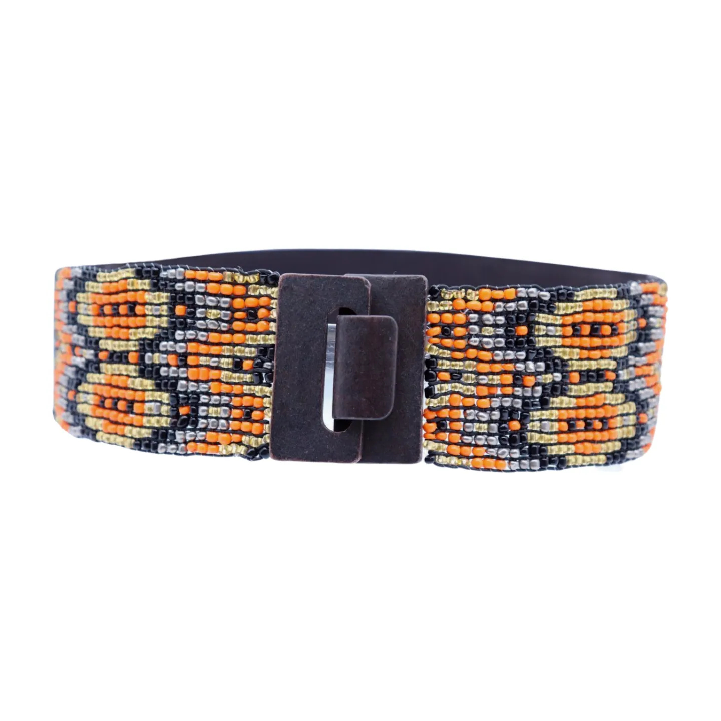 Women Brown Elastic Belt Orange Gold Beads Wood Buckle S M