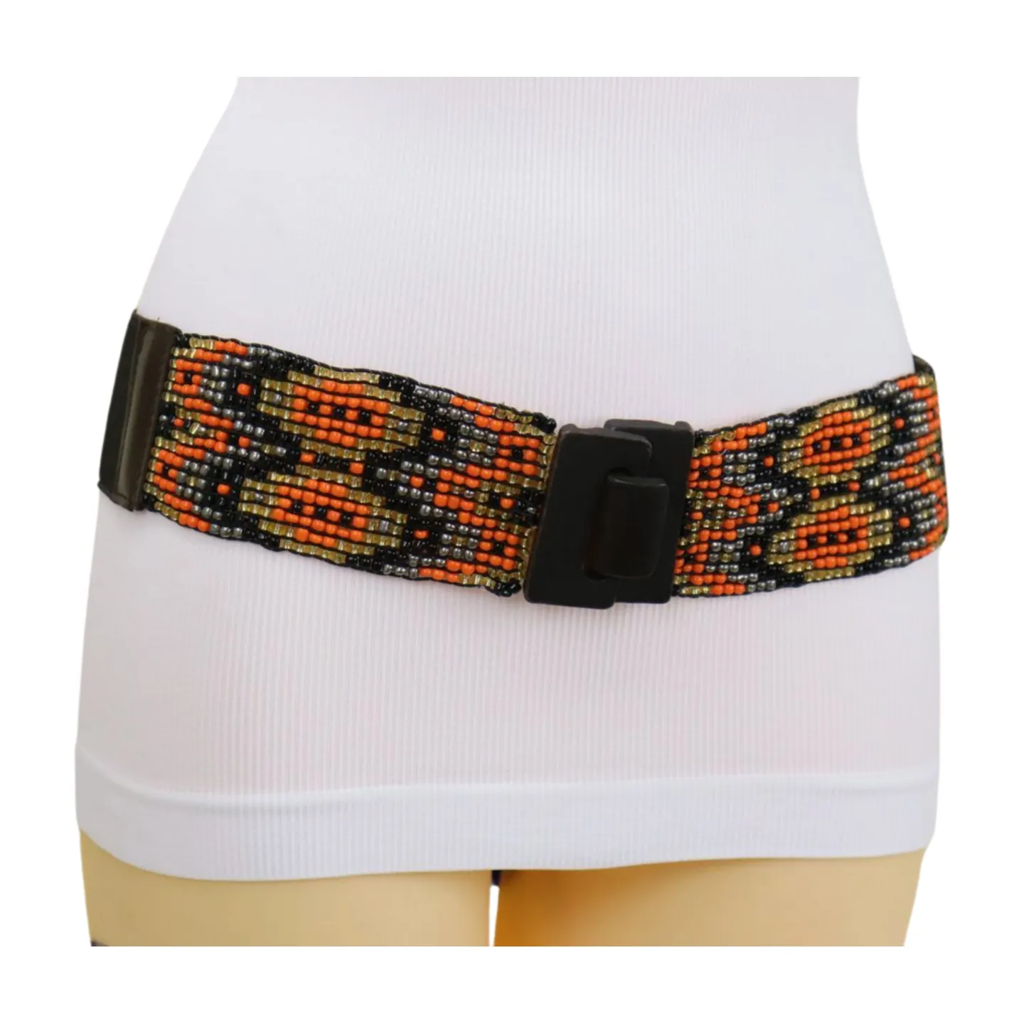 Women Brown Elastic Belt Orange Gold Beads Wood Buckle S M