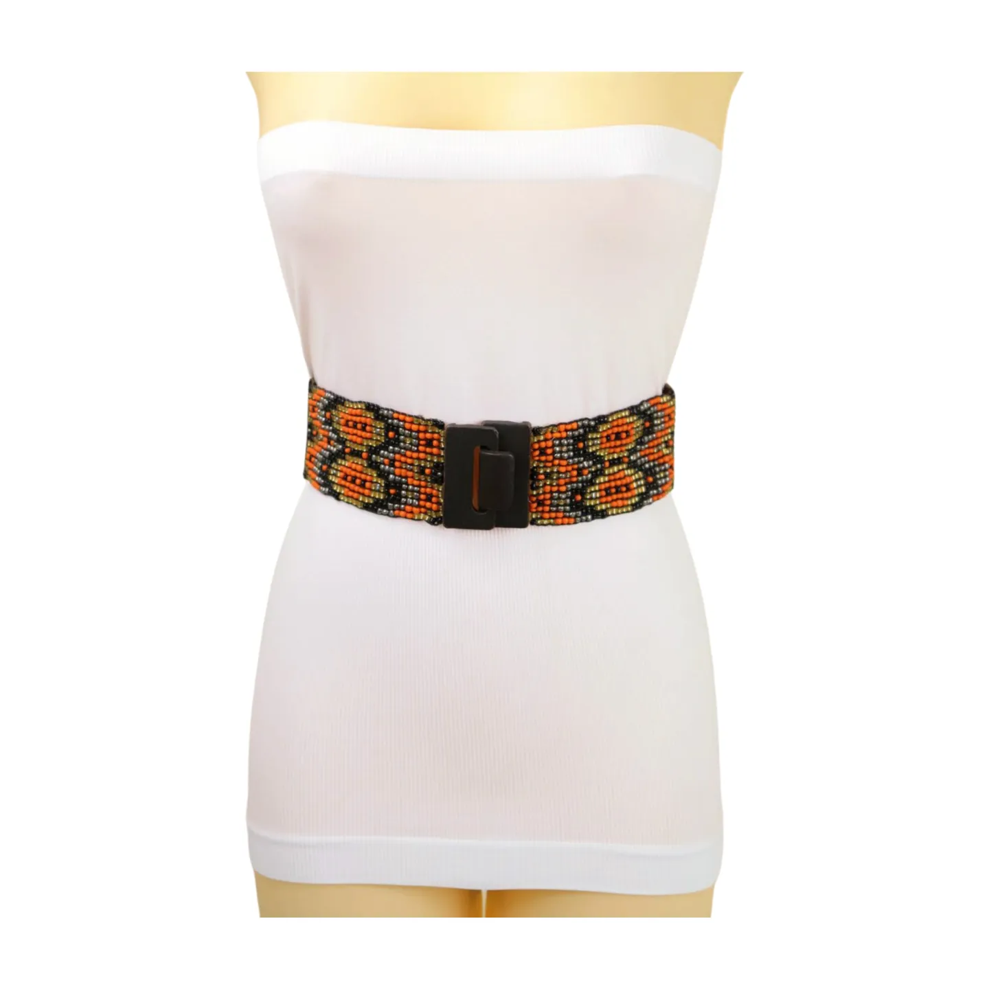 Women Brown Elastic Belt Orange Gold Beads Wood Buckle S M