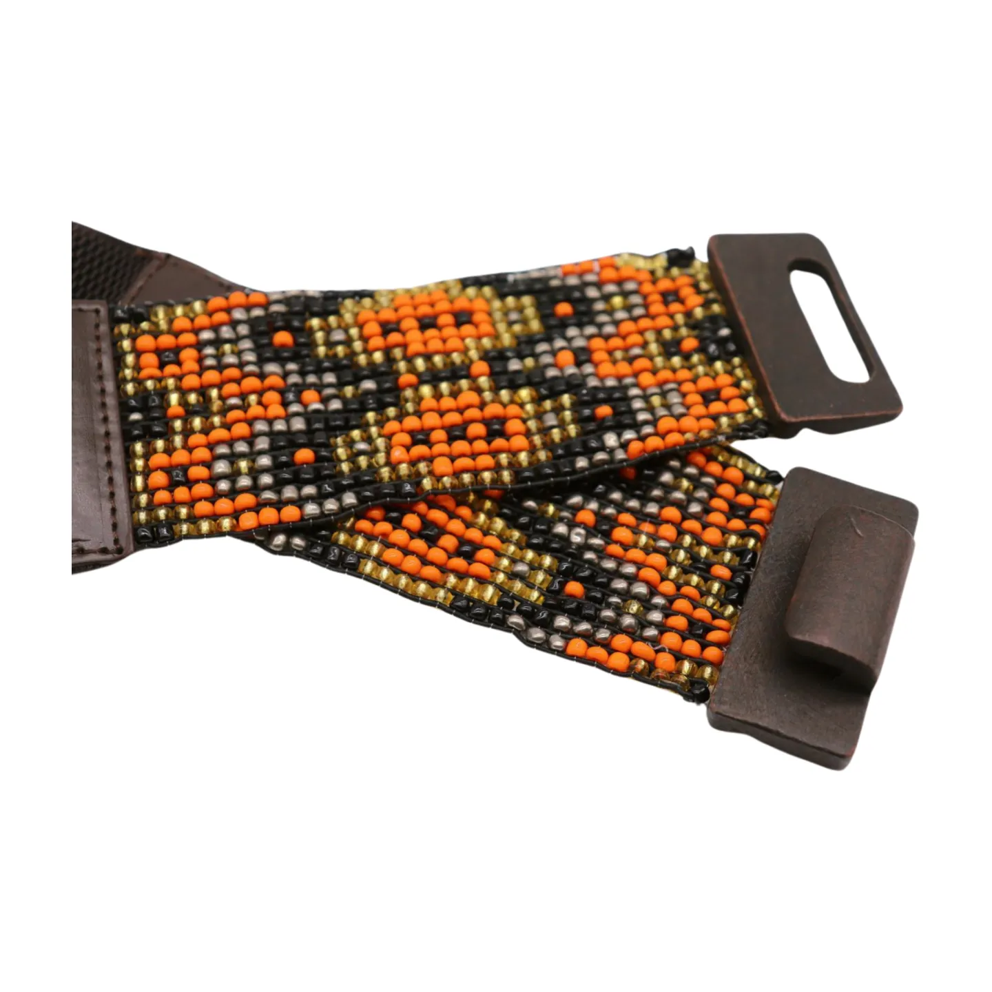 Women Brown Elastic Belt Orange Gold Beads Wood Buckle S M