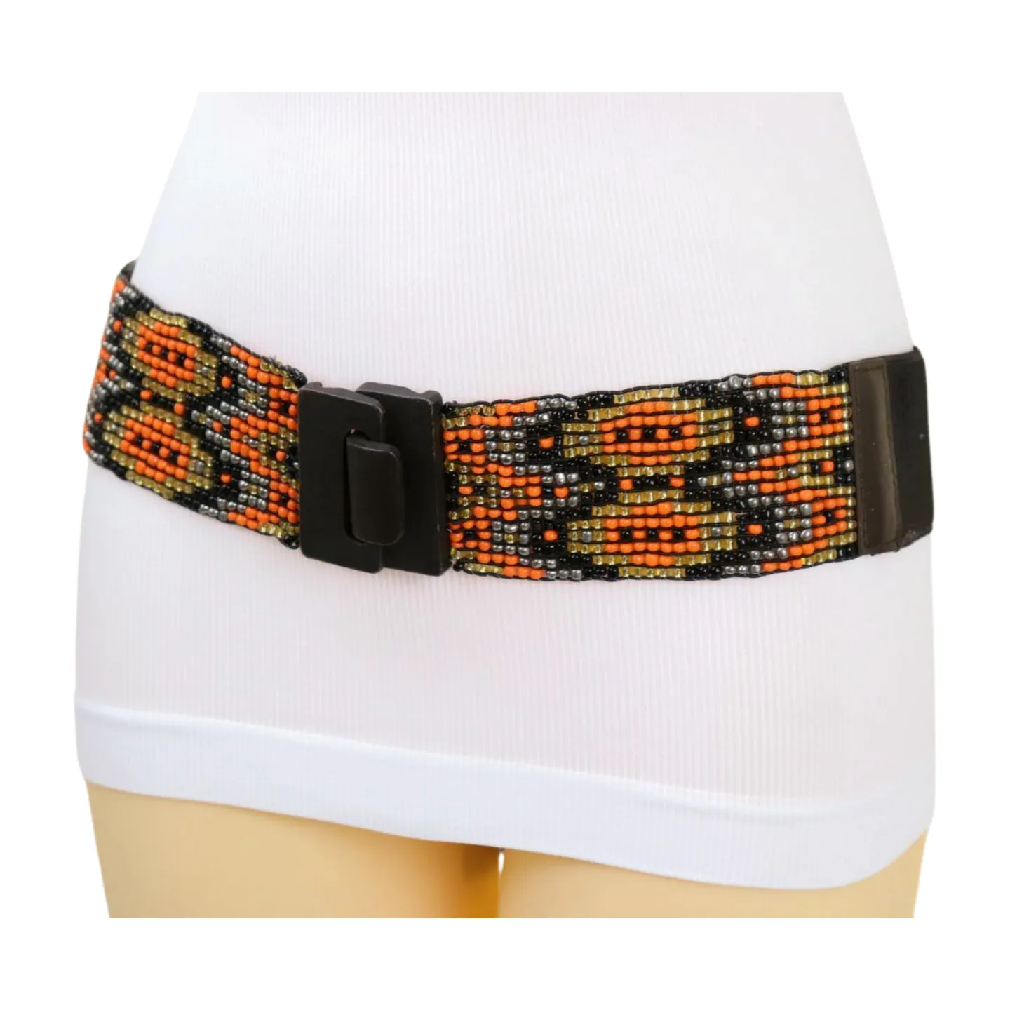 Women Brown Elastic Belt Orange Gold Beads Wood Buckle S M