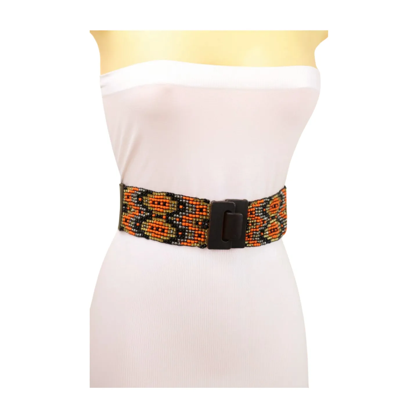 Women Brown Elastic Belt Orange Gold Beads Wood Buckle S M
