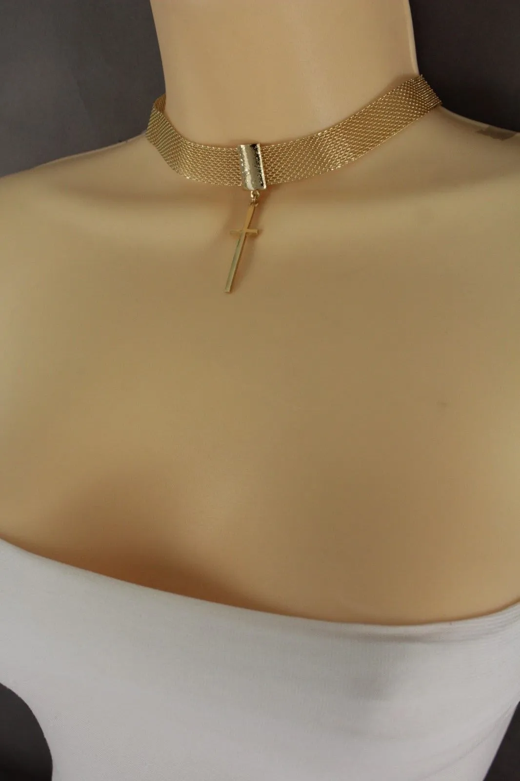 Women Gold Mesh Metal Short Fashion Skinny Choker Necklace Cross Charm Pendant