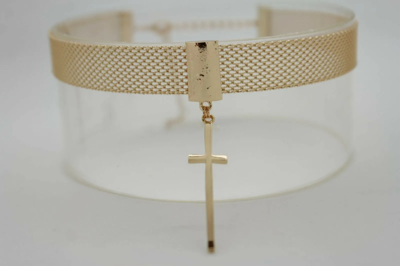 Women Gold Mesh Metal Short Fashion Skinny Choker Necklace Cross Charm Pendant