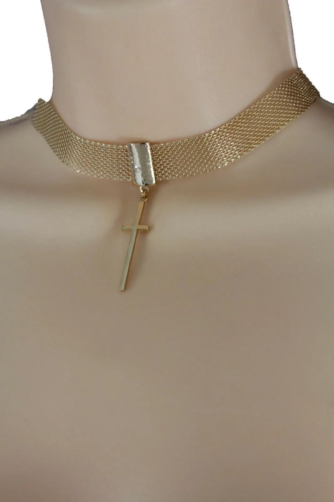 Women Gold Mesh Metal Short Fashion Skinny Choker Necklace Cross Charm Pendant