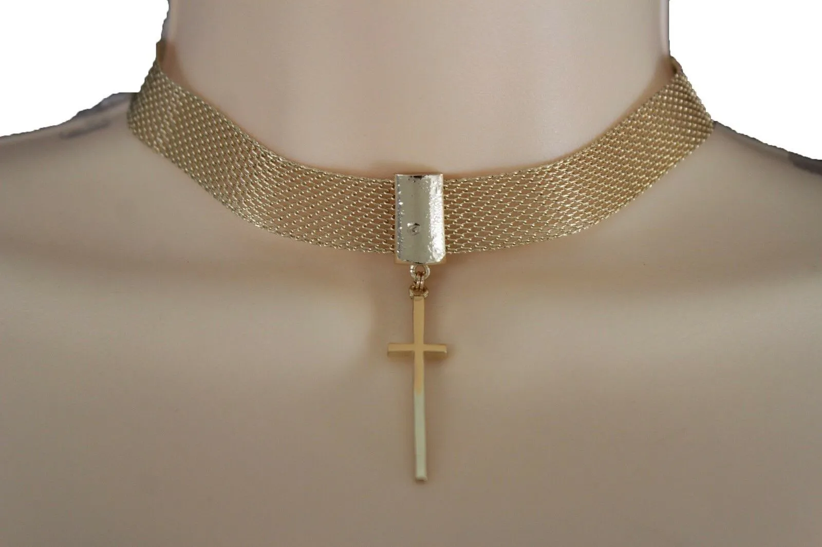 Women Gold Mesh Metal Short Fashion Skinny Choker Necklace Cross Charm Pendant