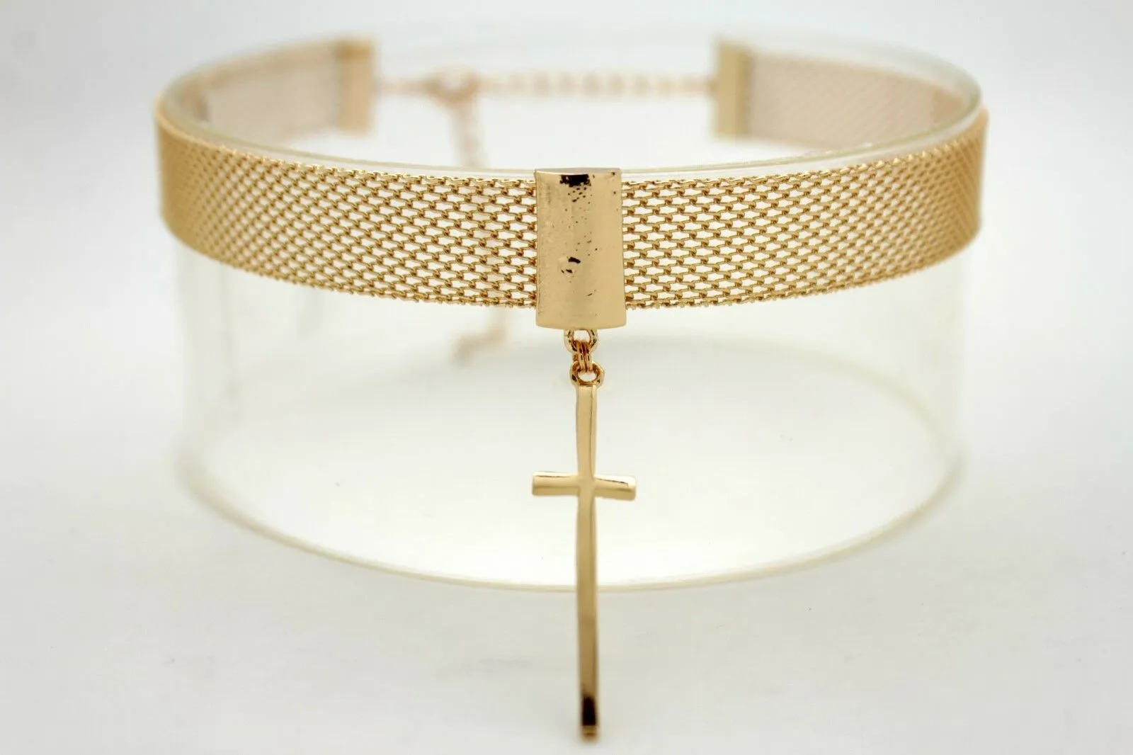 Women Gold Mesh Metal Short Fashion Skinny Choker Necklace Cross Charm Pendant