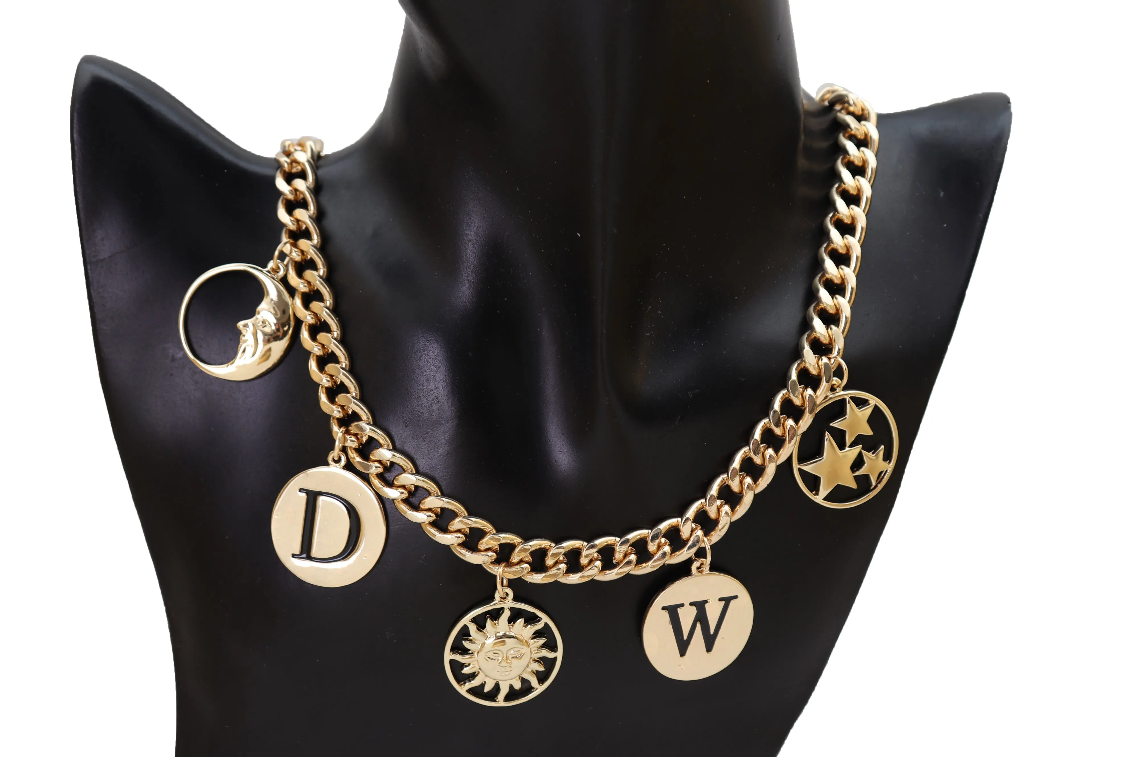 Women Gold Metal Chain Necklace Sun Moon W D Stars Multi Charms Pendant Bling