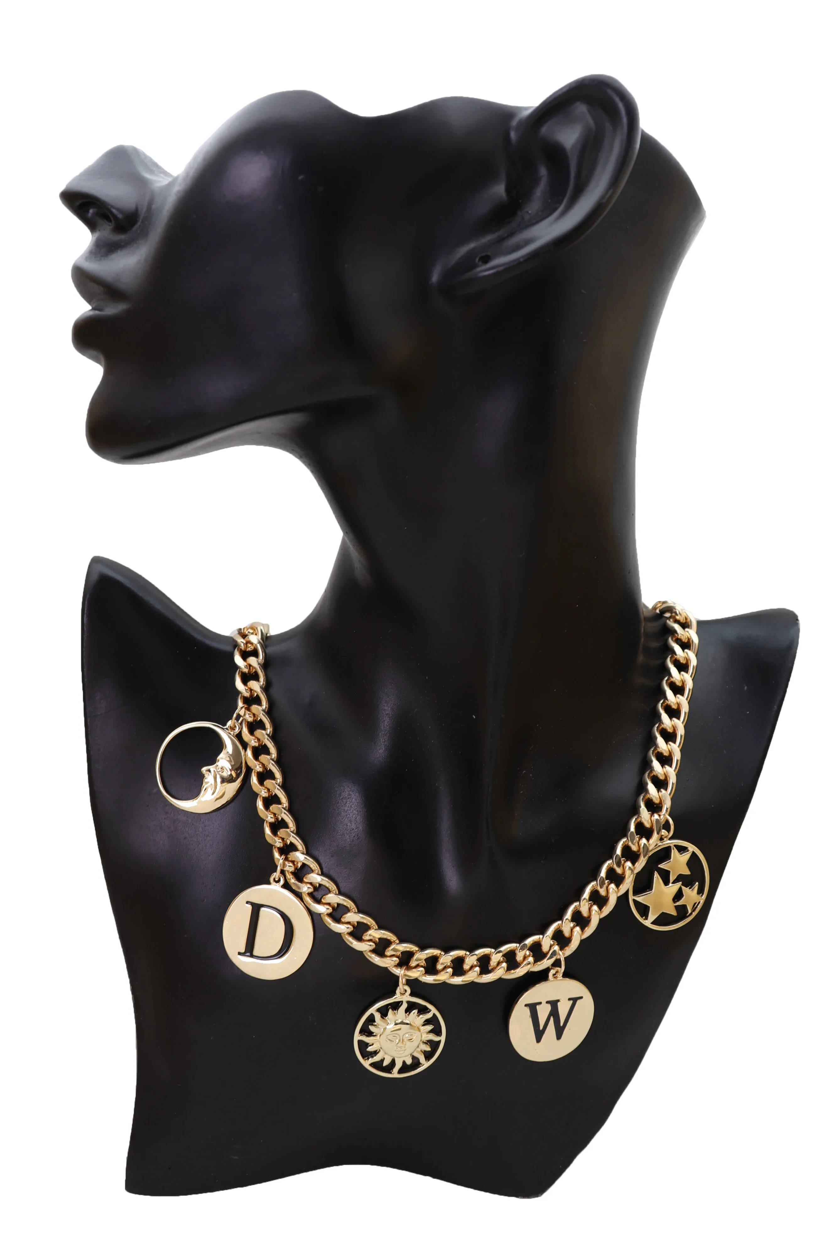 Women Gold Metal Chain Necklace Sun Moon W D Stars Multi Charms Pendant Bling