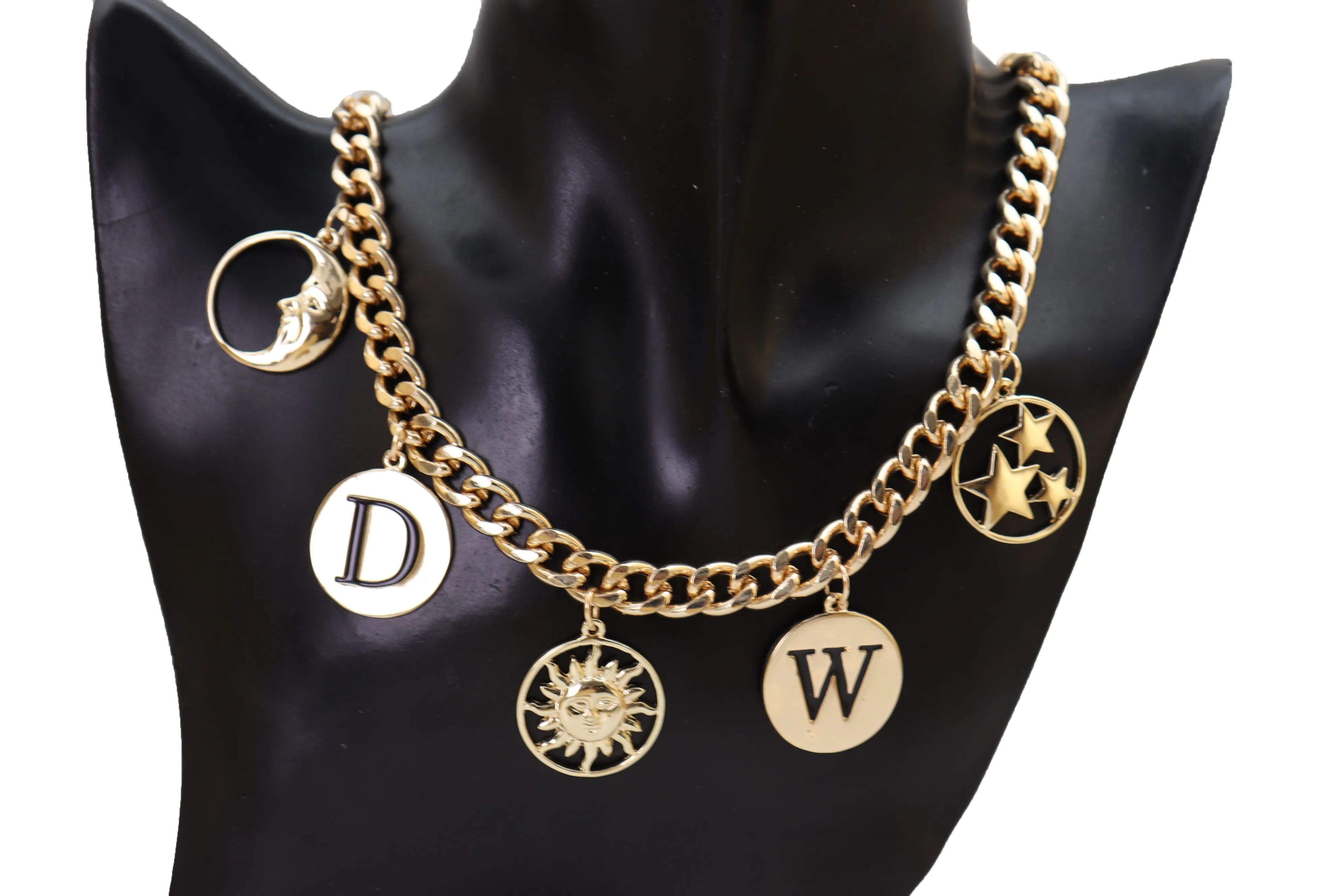 Women Gold Metal Chain Necklace Sun Moon W D Stars Multi Charms Pendant Bling