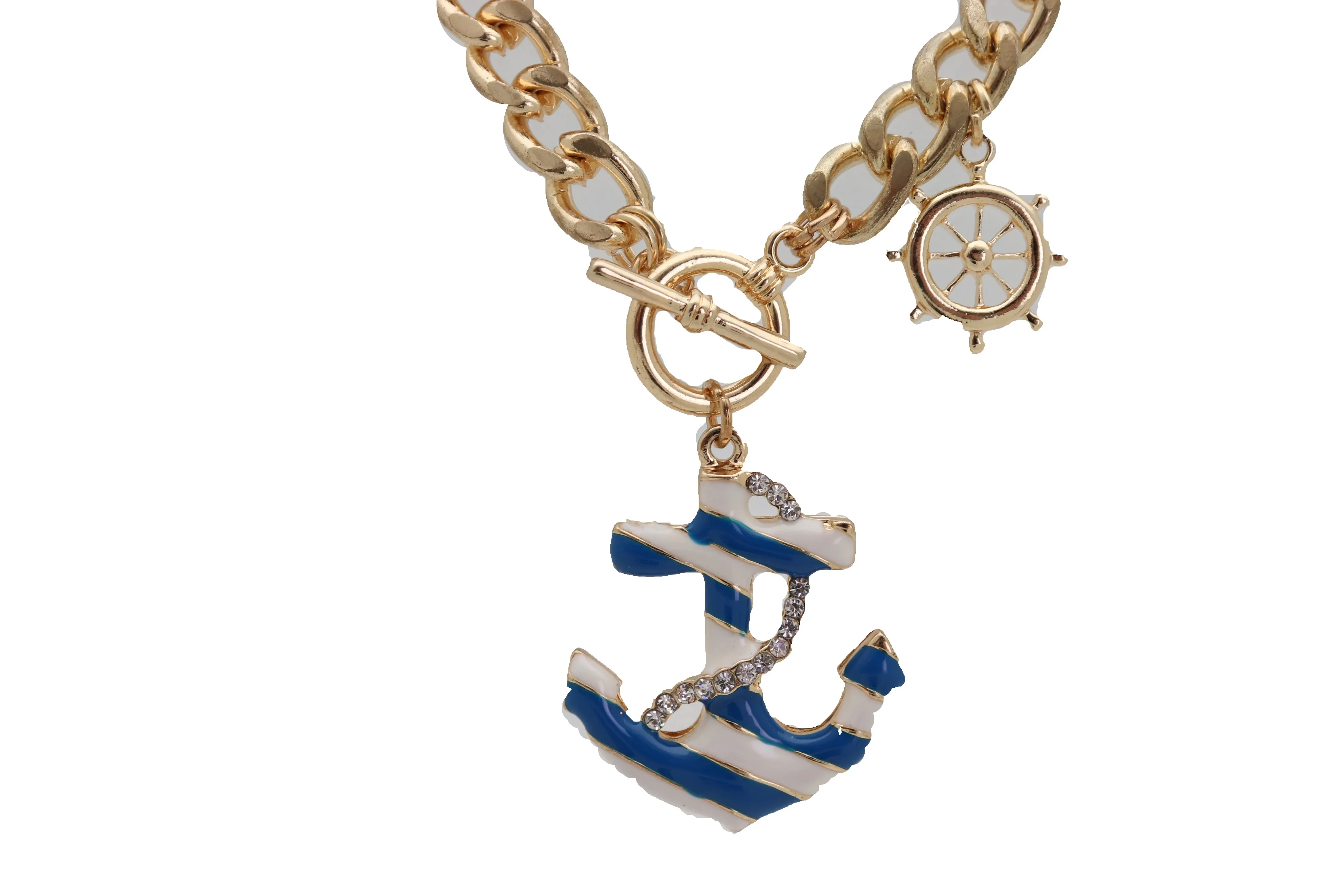 Women Gold Metal Chain White Blue Stripes Anchor Charm Nautical Ship Necklace