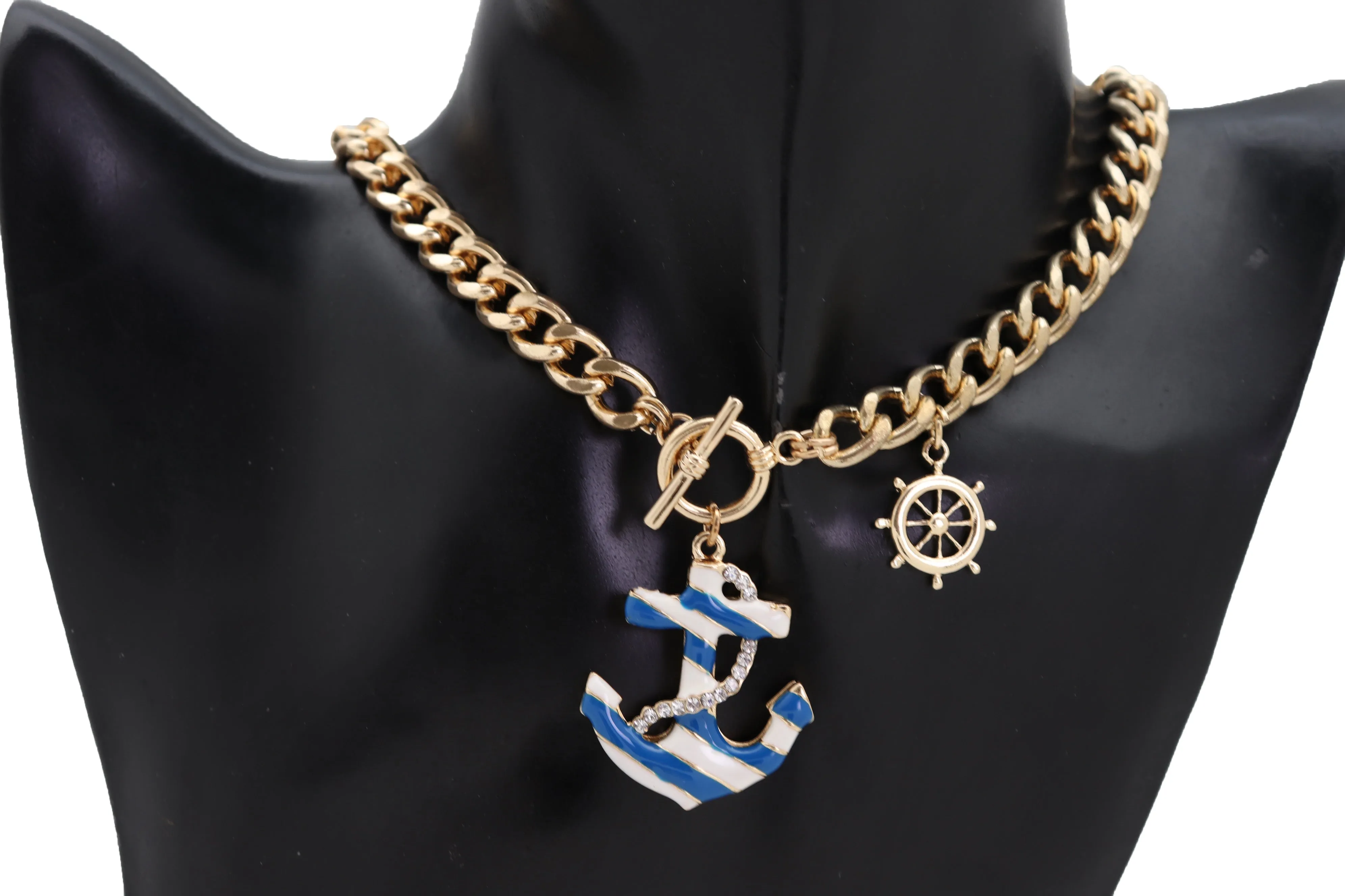 Women Gold Metal Chain White Blue Stripes Anchor Charm Nautical Ship Necklace