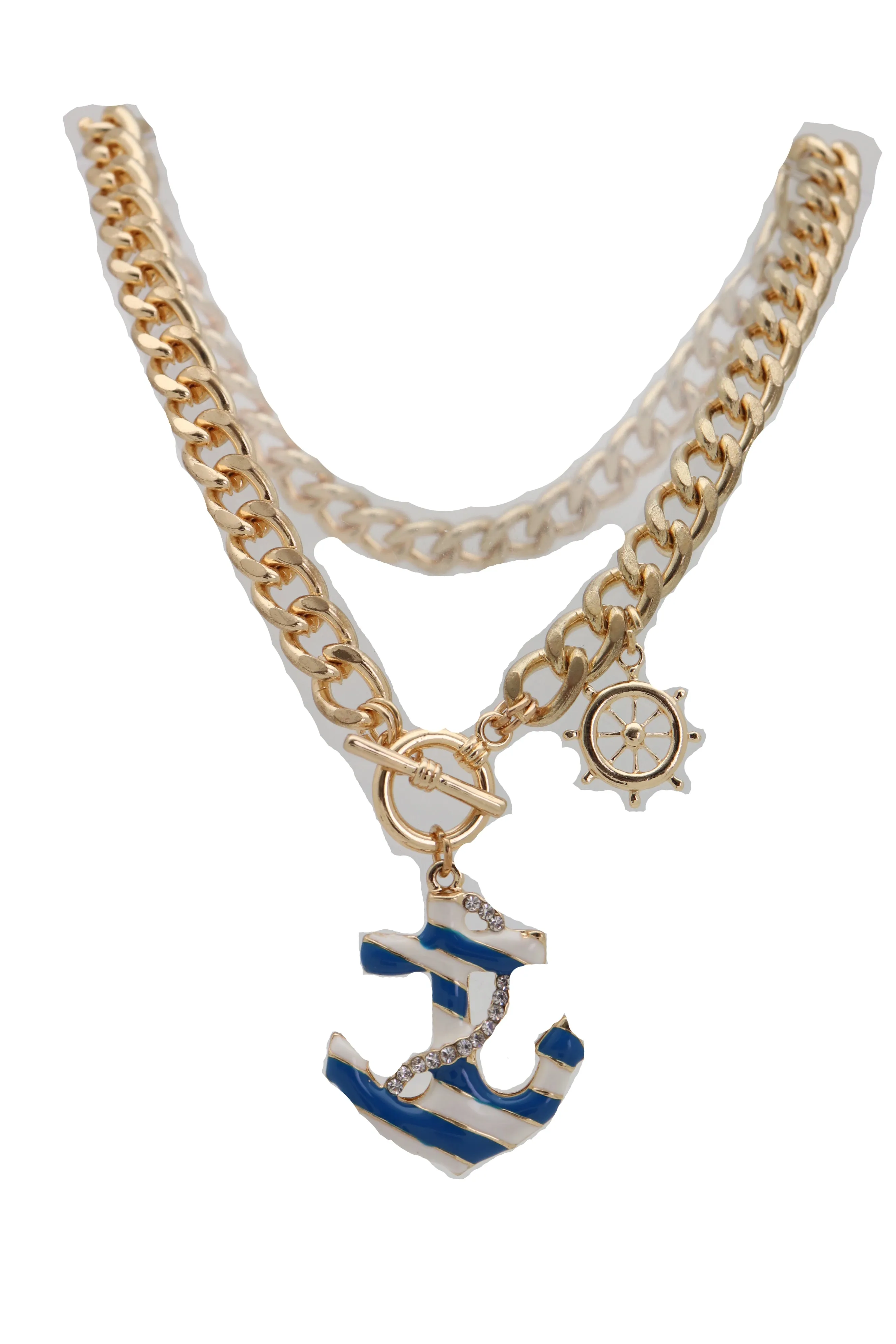 Women Gold Metal Chain White Blue Stripes Anchor Charm Nautical Ship Necklace