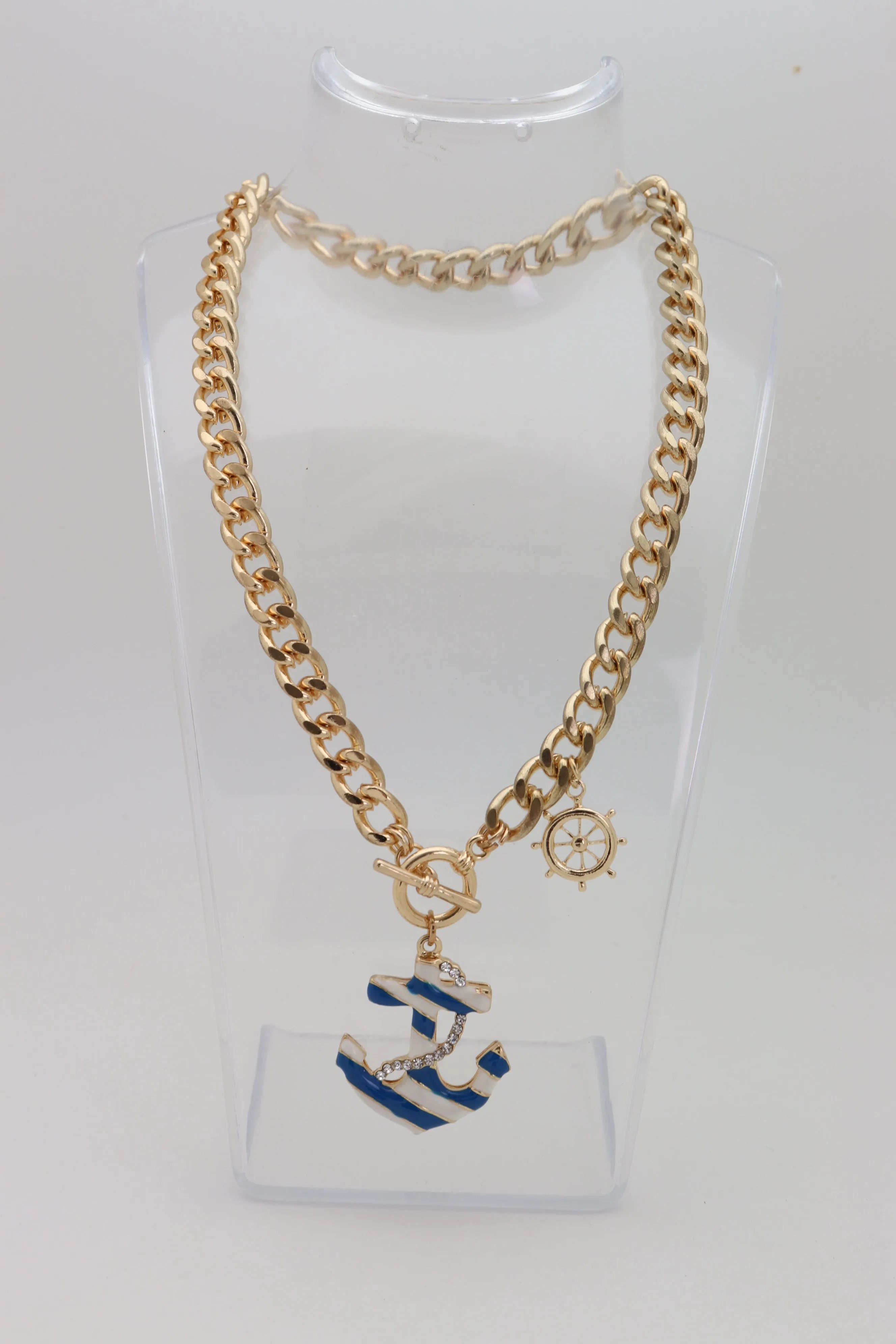 Women Gold Metal Chain White Blue Stripes Anchor Charm Nautical Ship Necklace