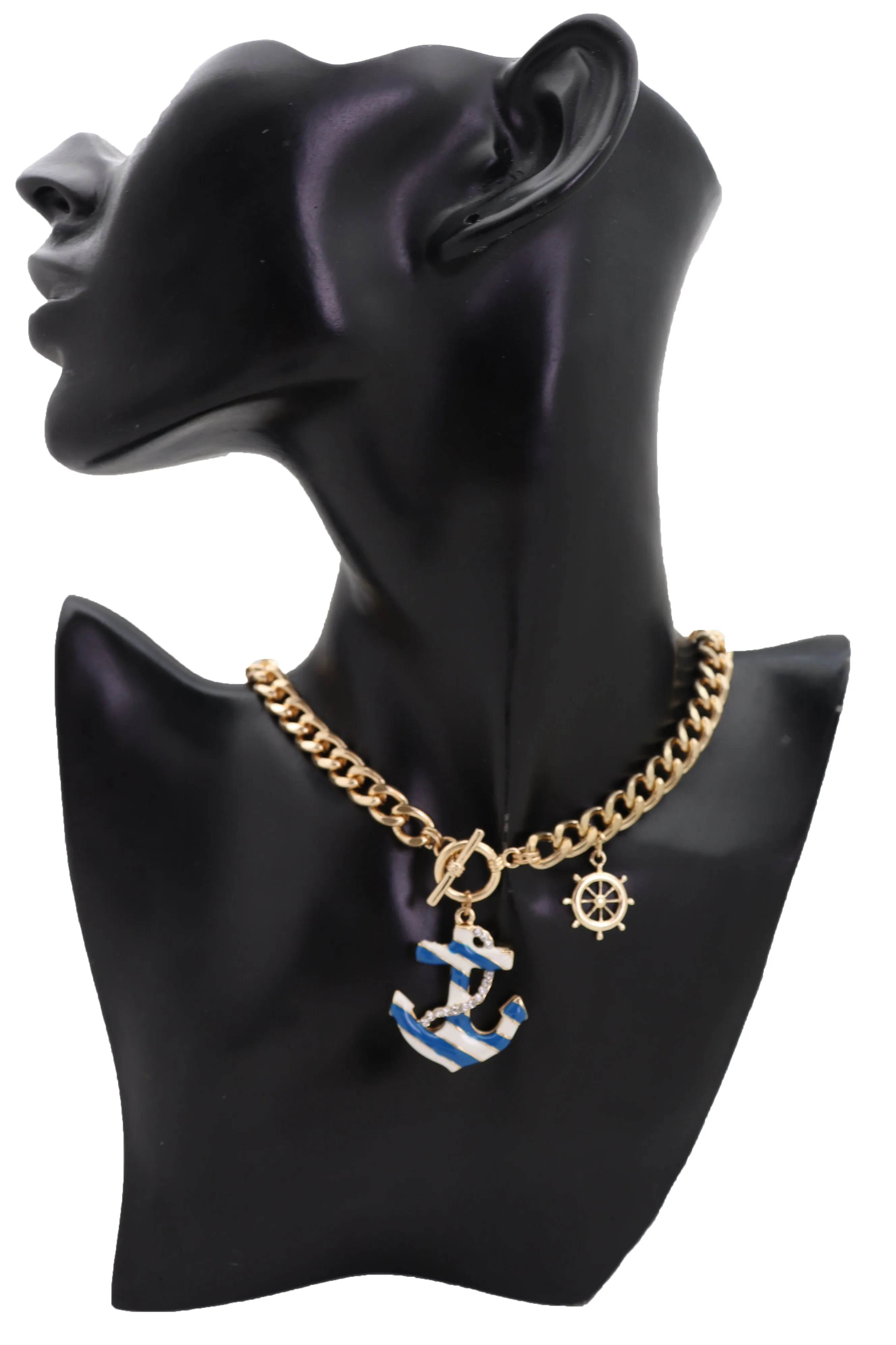 Women Gold Metal Chain White Blue Stripes Anchor Charm Nautical Ship Necklace