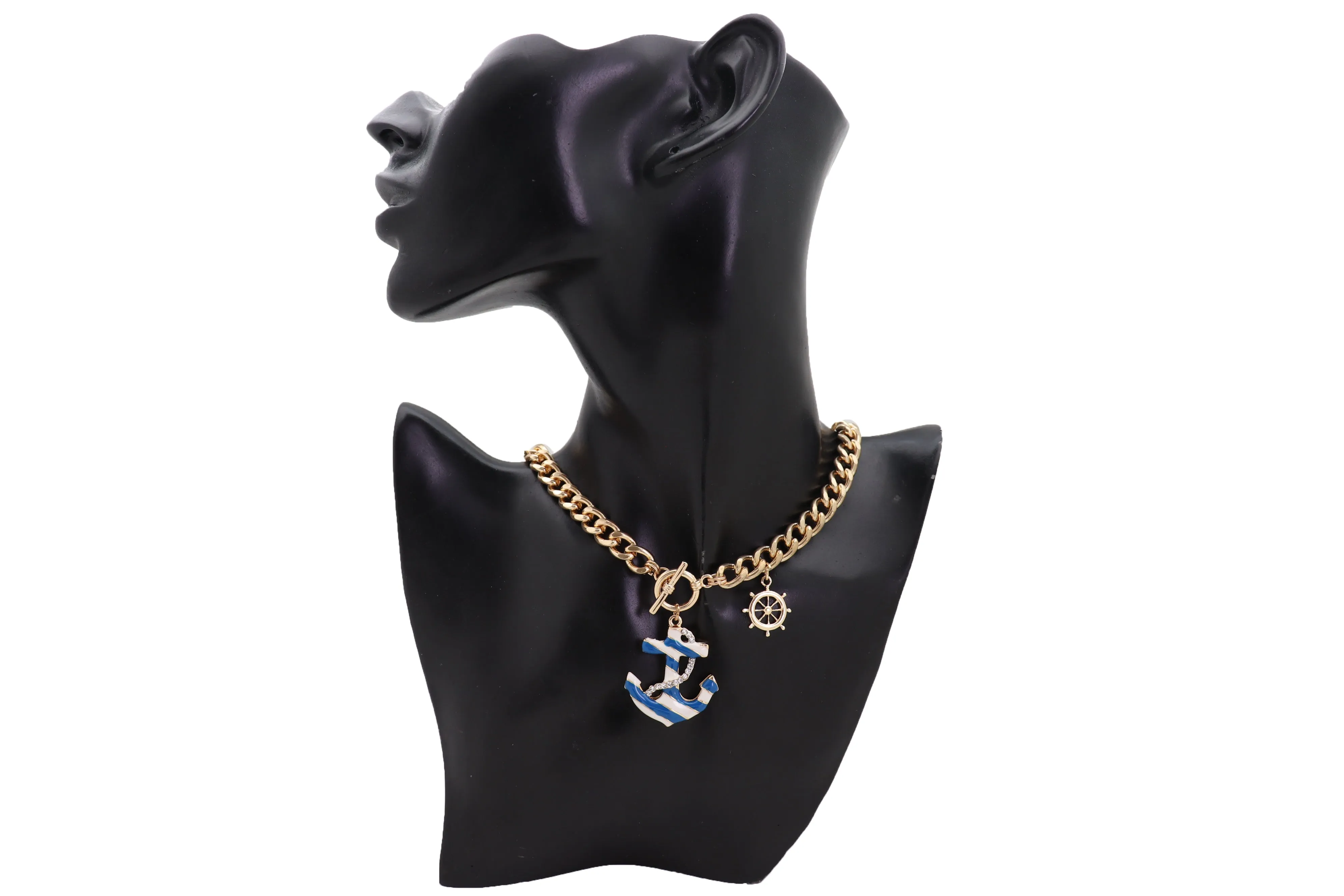 Women Gold Metal Chain White Blue Stripes Anchor Charm Nautical Ship Necklace