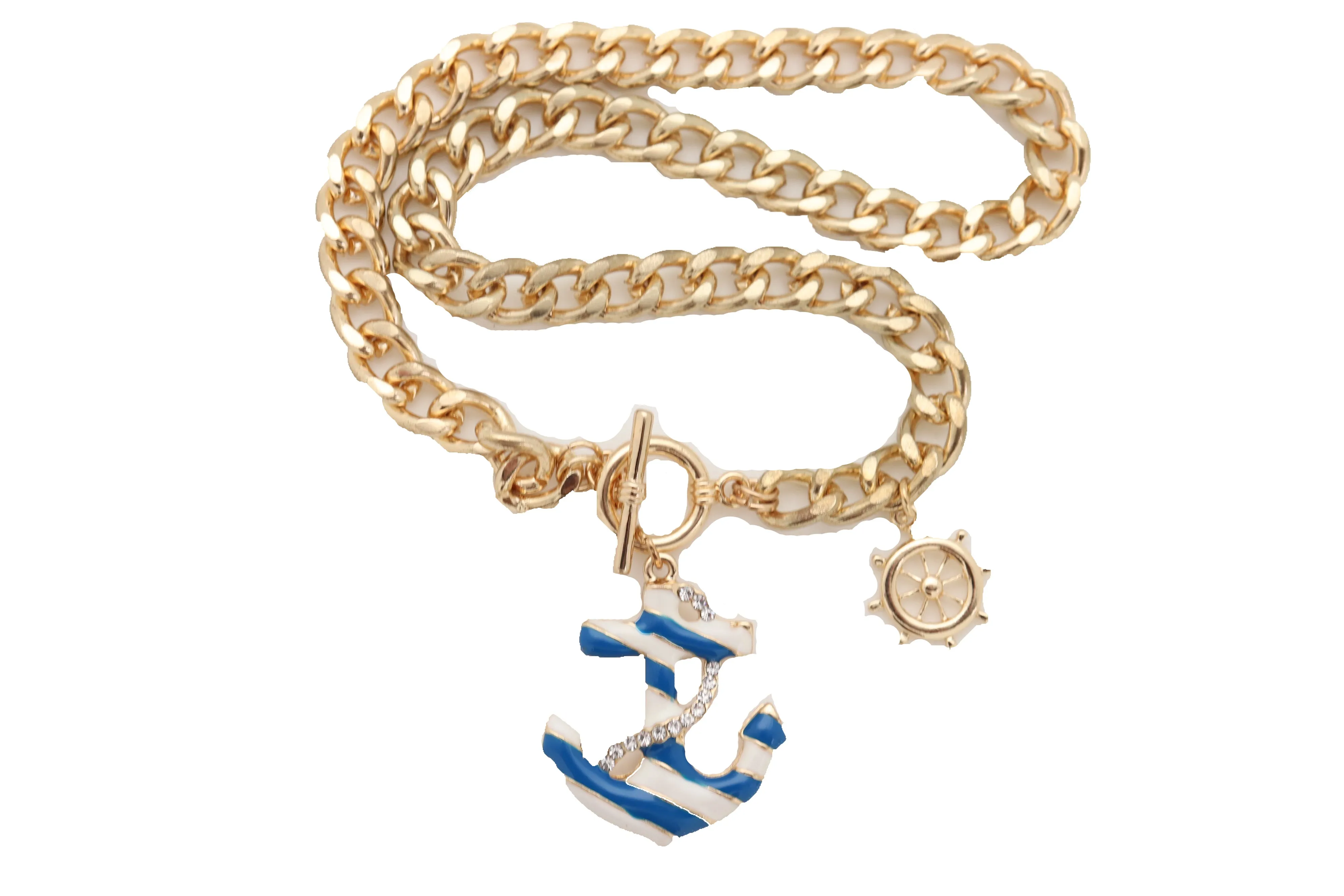 Women Gold Metal Chain White Blue Stripes Anchor Charm Nautical Ship Necklace